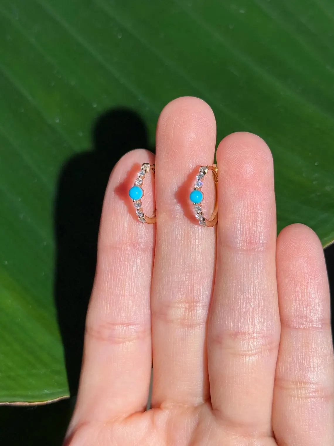 Diamond Turquoise Hoop .55" Earrings in 14k Yellow Gold