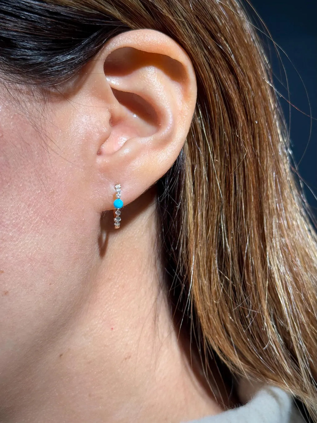 Diamond Turquoise Hoop .55" Earrings in 14k Yellow Gold