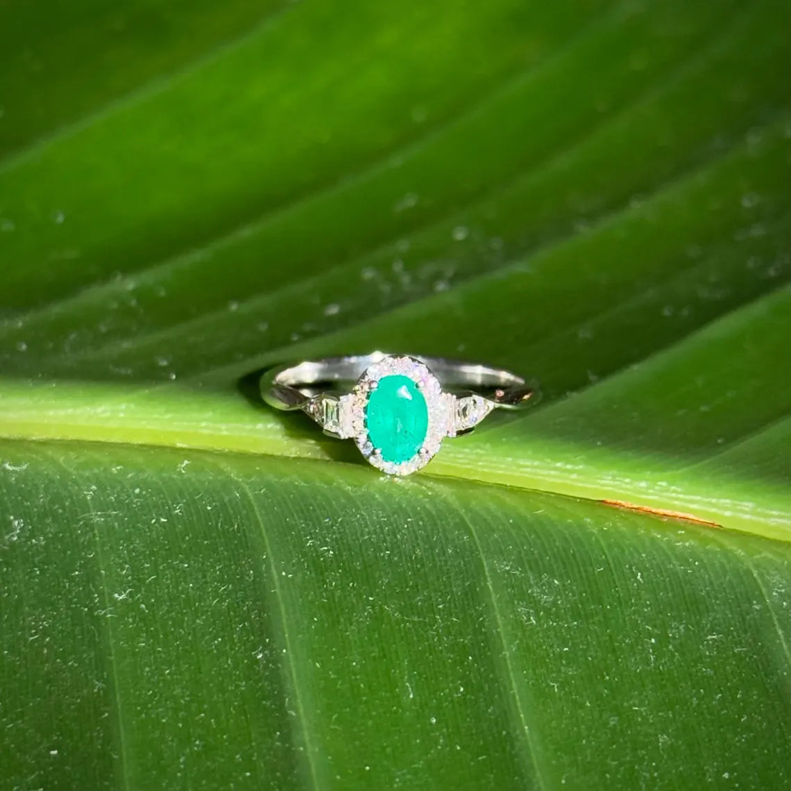 Classy Emerald Diamond Ring in 14k White Gold
