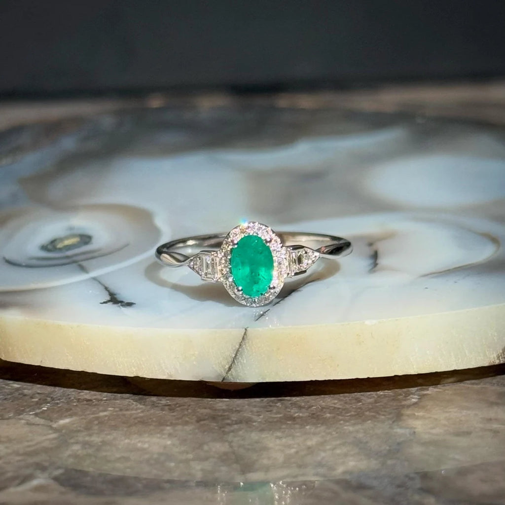 Classy Emerald Diamond Ring in 14k White Gold