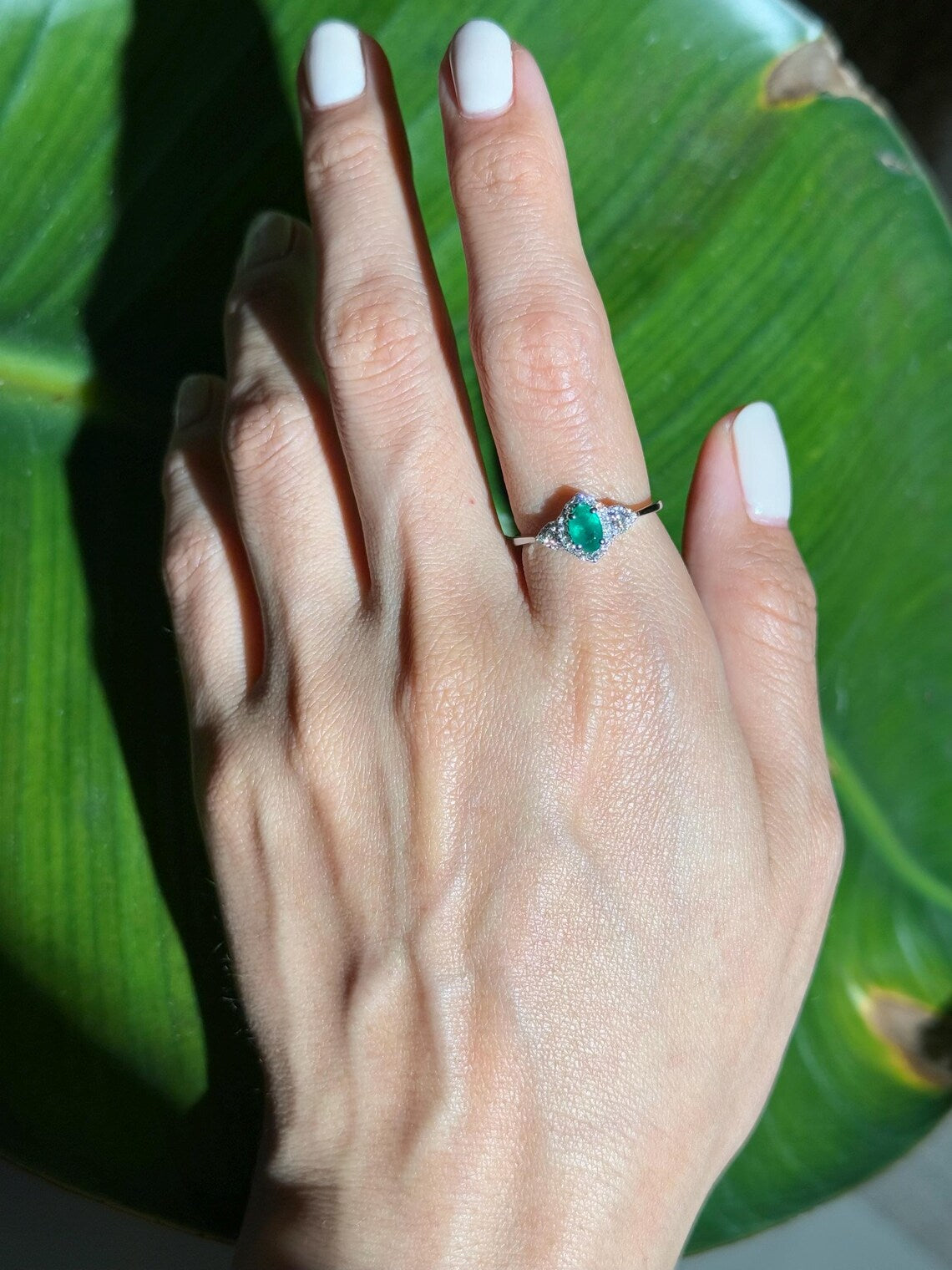 Emerald Diamond Ring in 14k White Gold