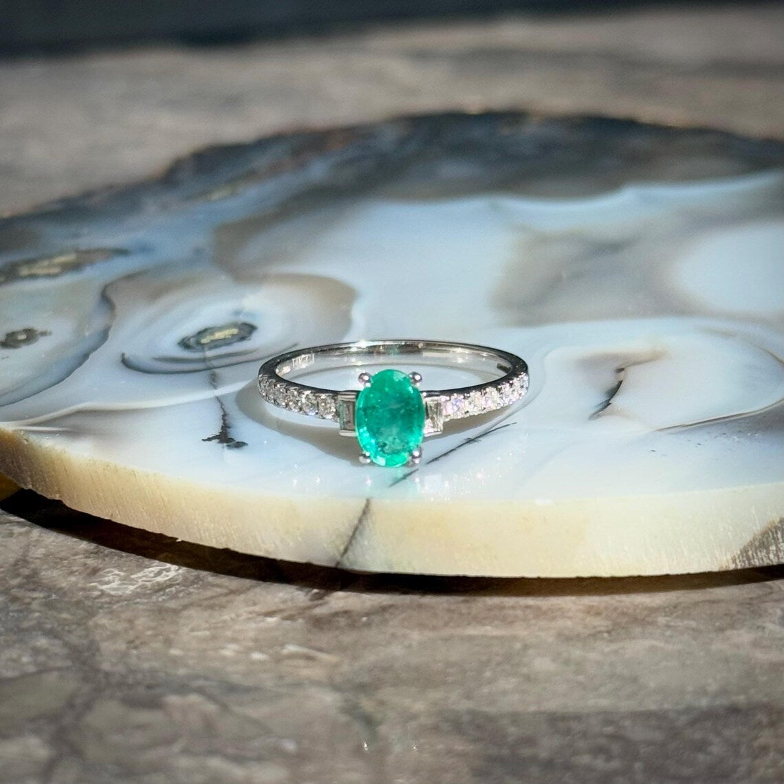 Classy Emerald Diamond Ring in 14k White Gold