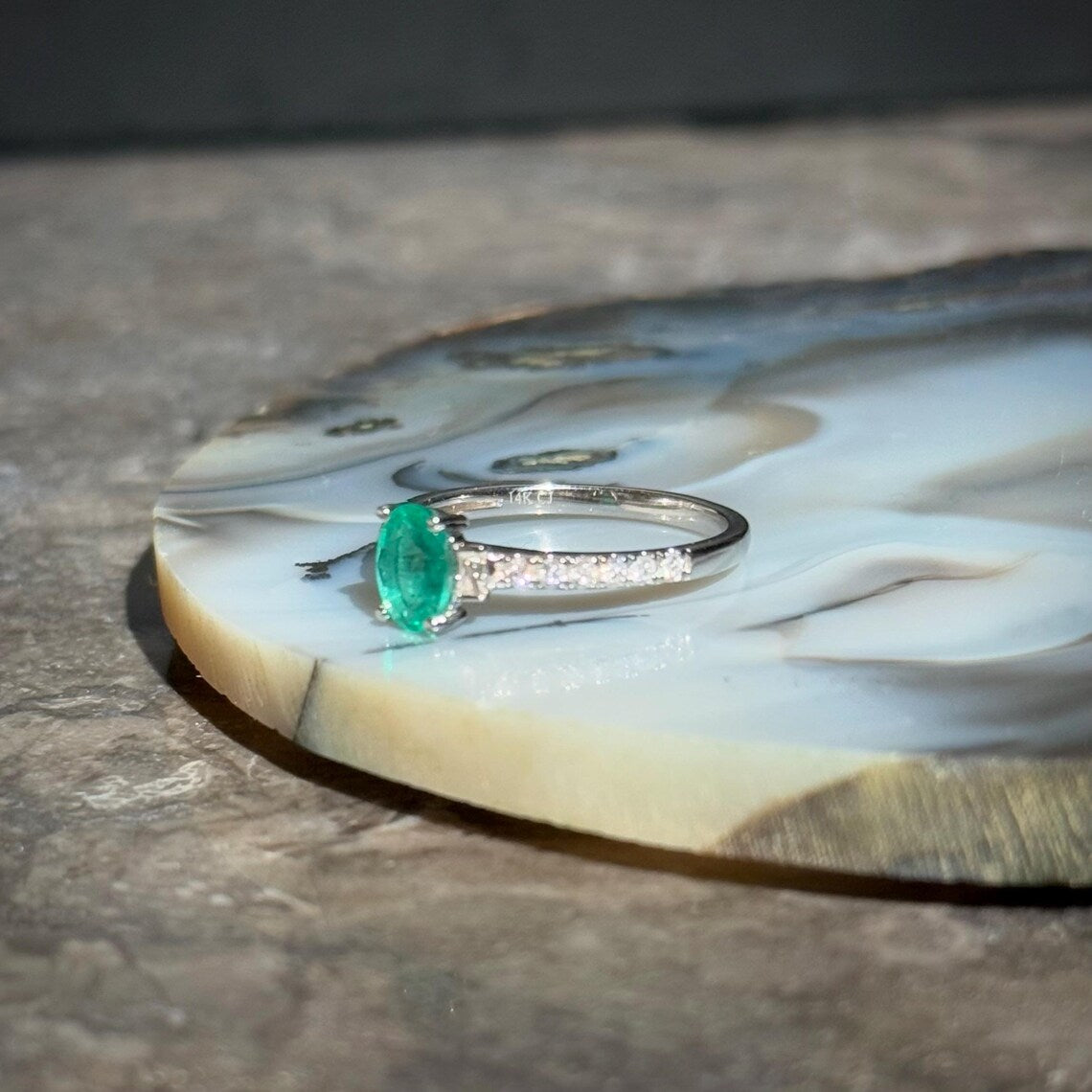 Classy Emerald Diamond Ring in 14k White Gold