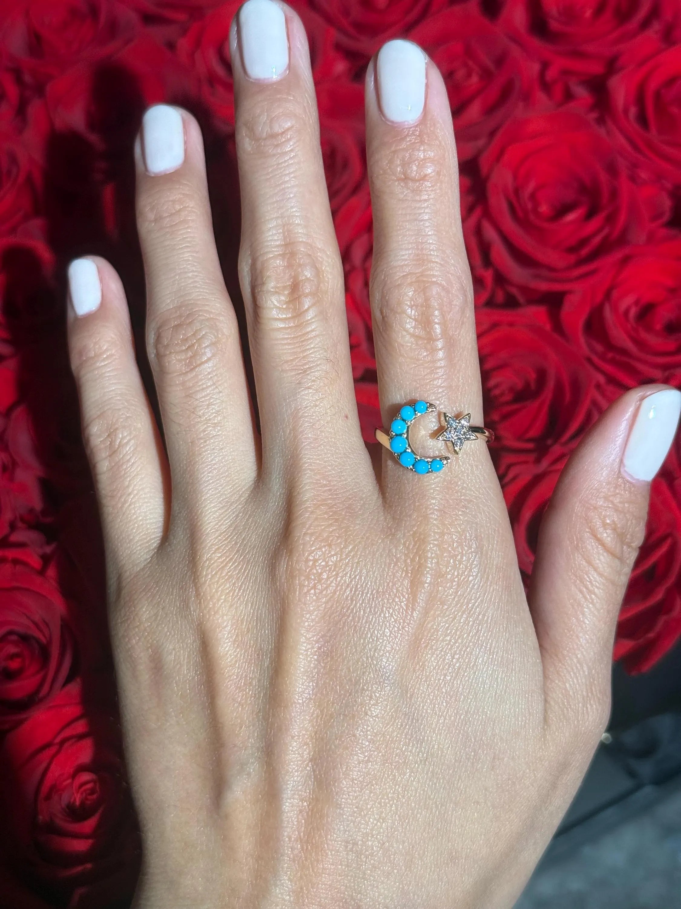 Star Moon Turquoise Diamond Ring in 18k Yellow Gold Size 7