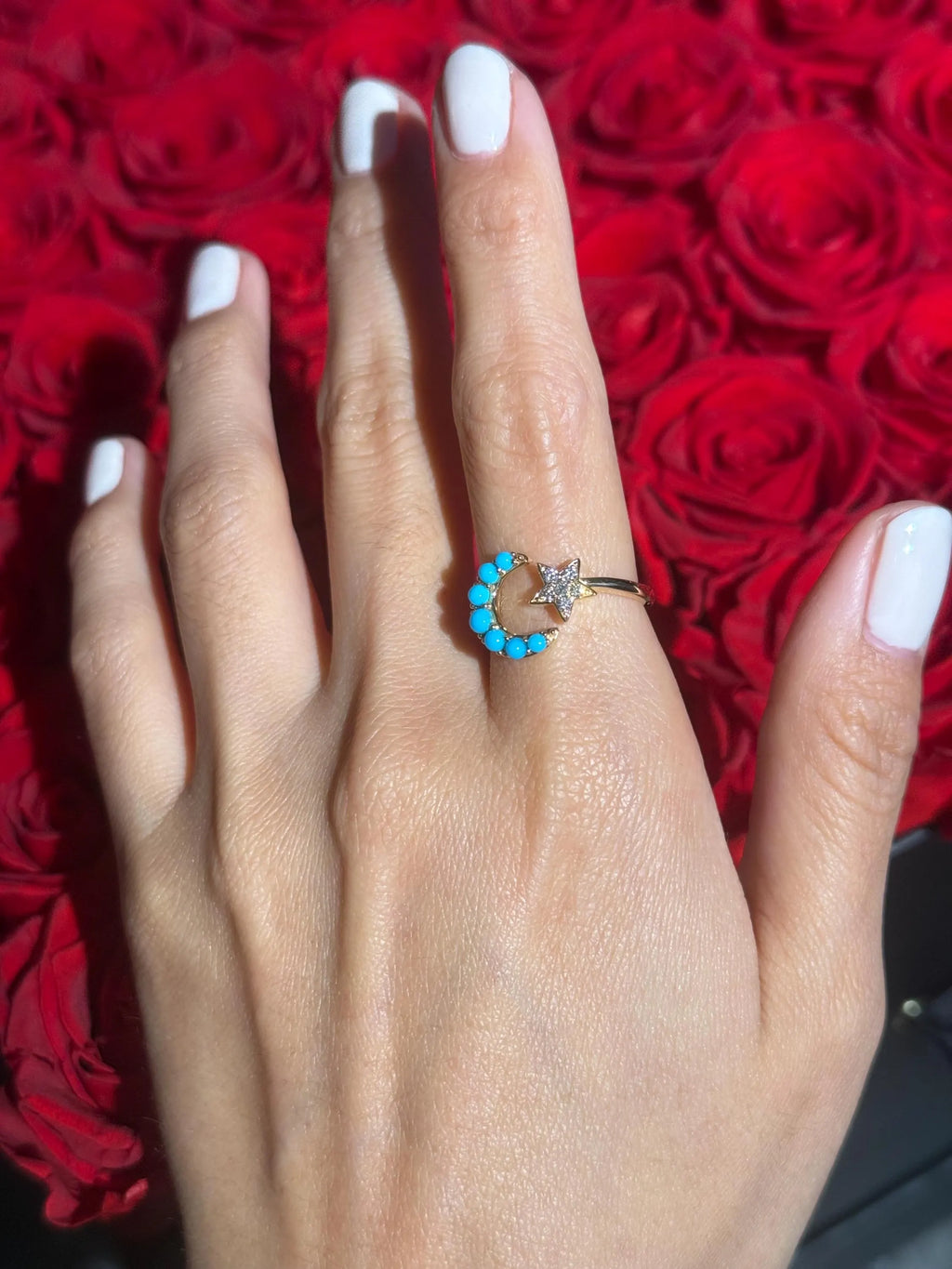 Star Moon Turquoise Diamond Ring in 18k Yellow Gold Size 7