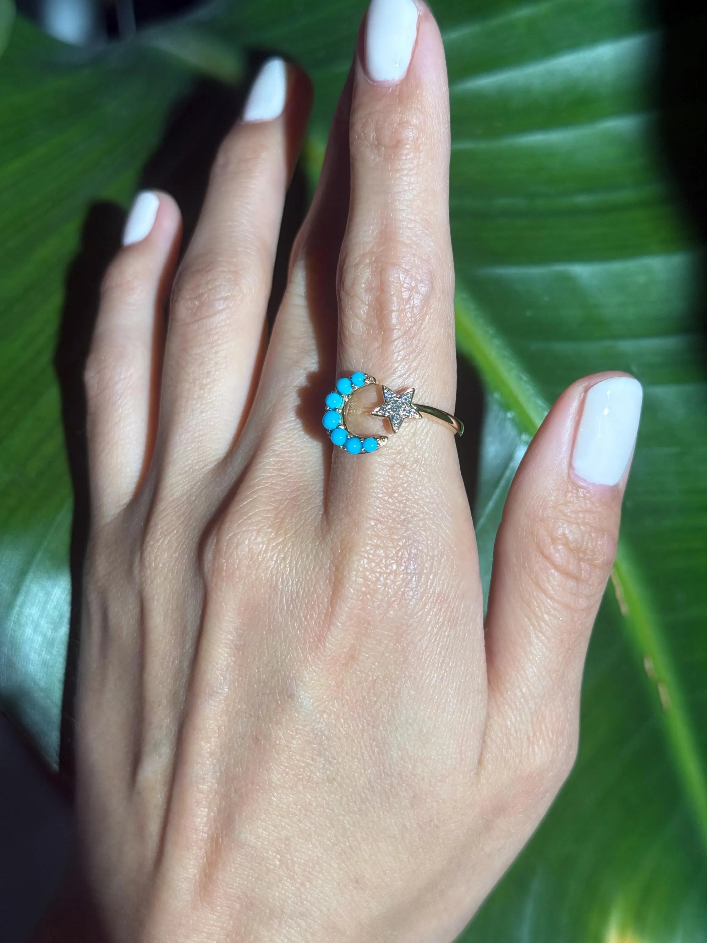 Star Moon Turquoise Diamond Ring in 18k Yellow Gold Size 7