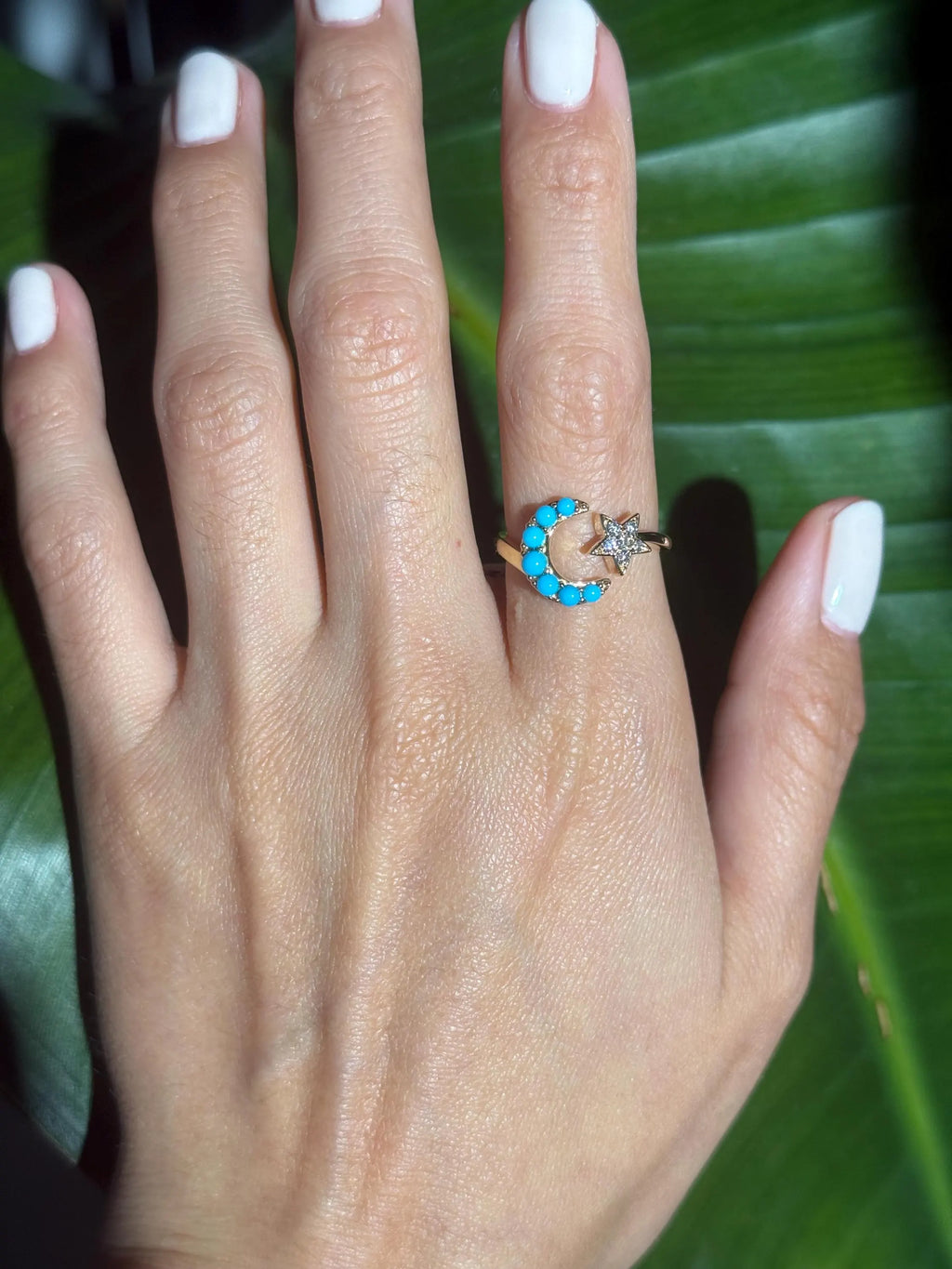 Star Moon Turquoise Diamond Ring in 18k Yellow Gold Size 7