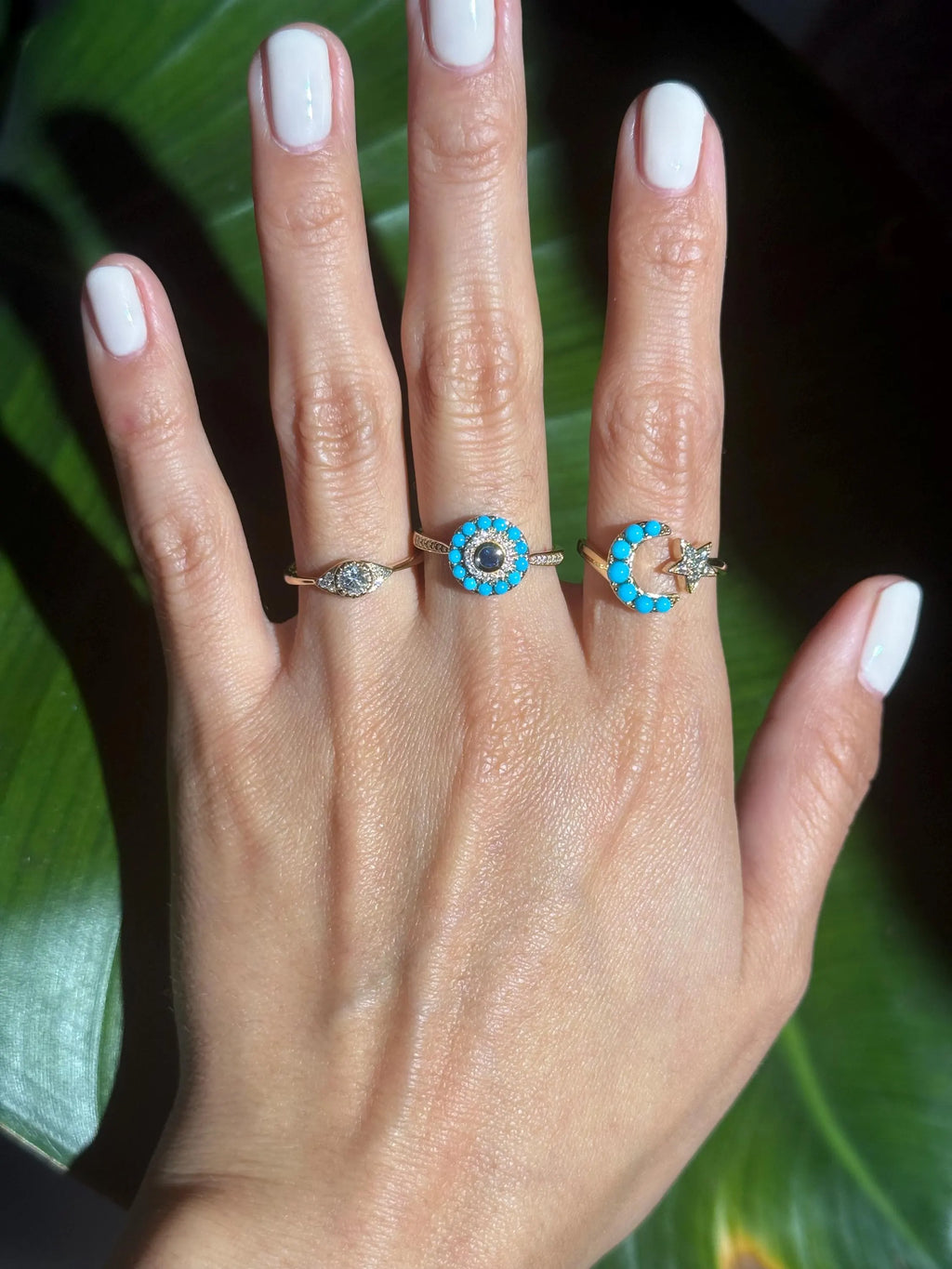 Star Moon Turquoise Diamond Ring in 18k Yellow Gold Size 7