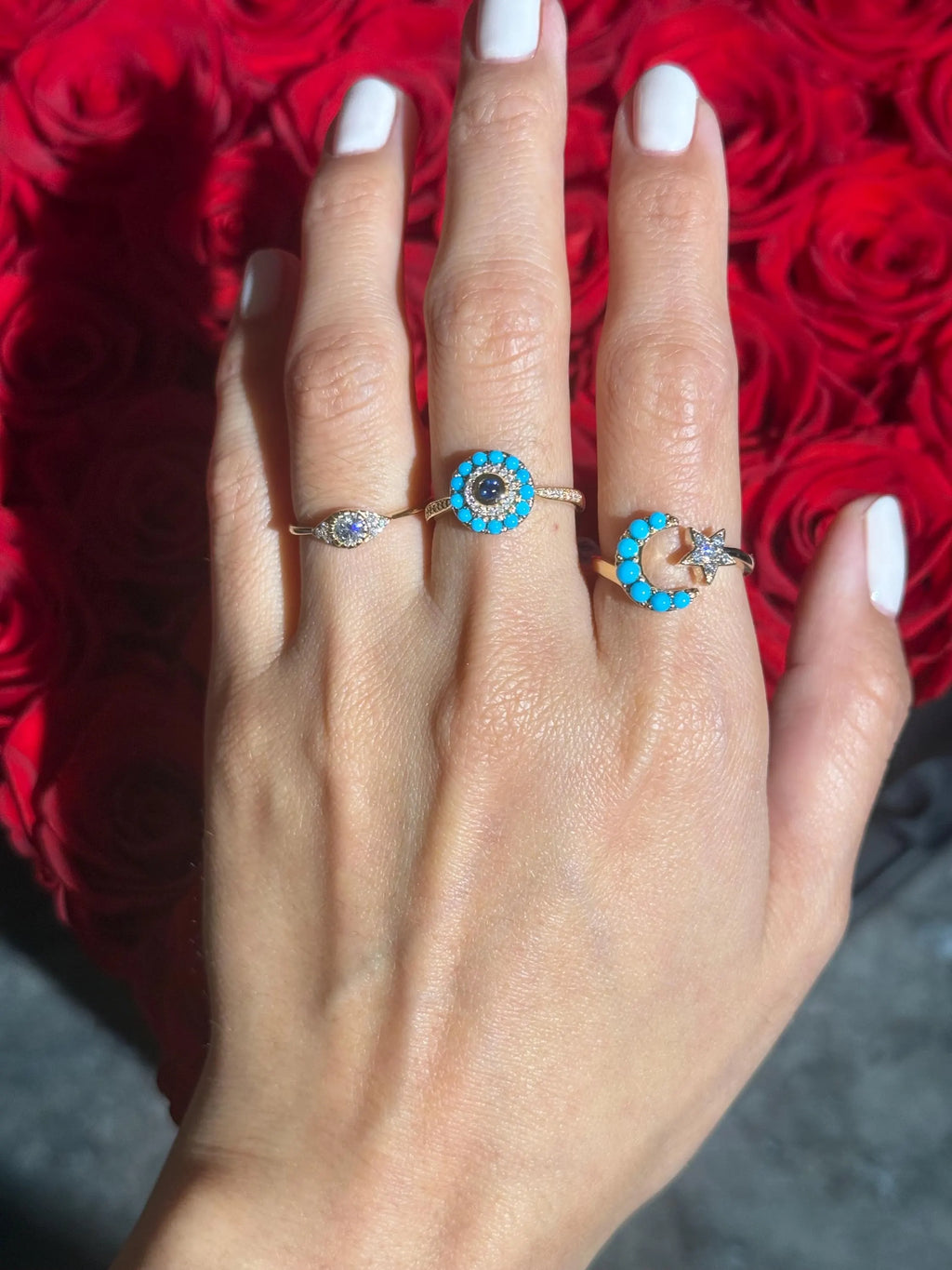 Star Moon Turquoise Diamond Ring in 18k Yellow Gold Size 7