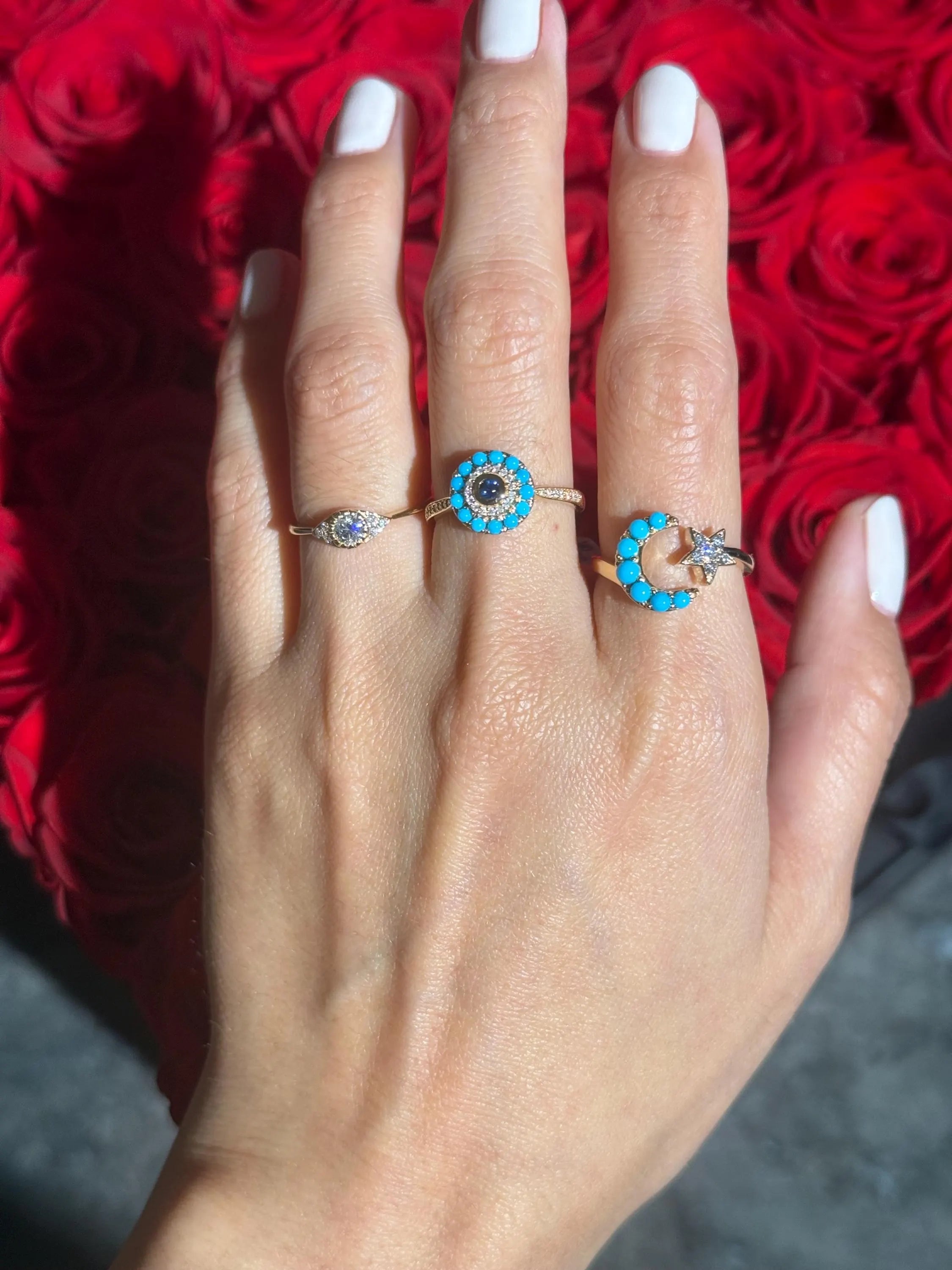 Star Moon Turquoise Diamond Ring in 18k Yellow Gold Size 7