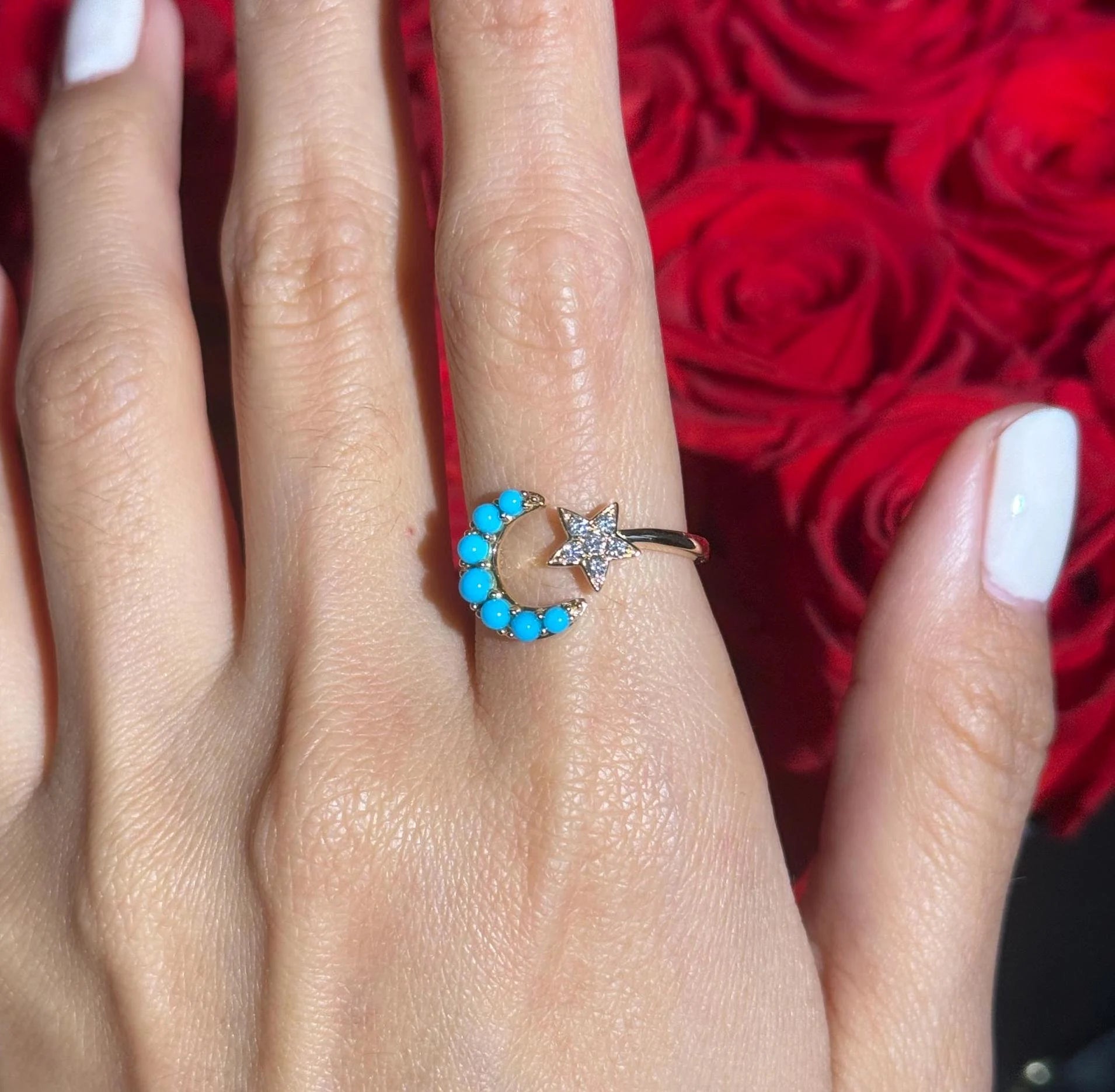 Star Moon Turquoise Diamond Ring in 18k Yellow Gold Size 7