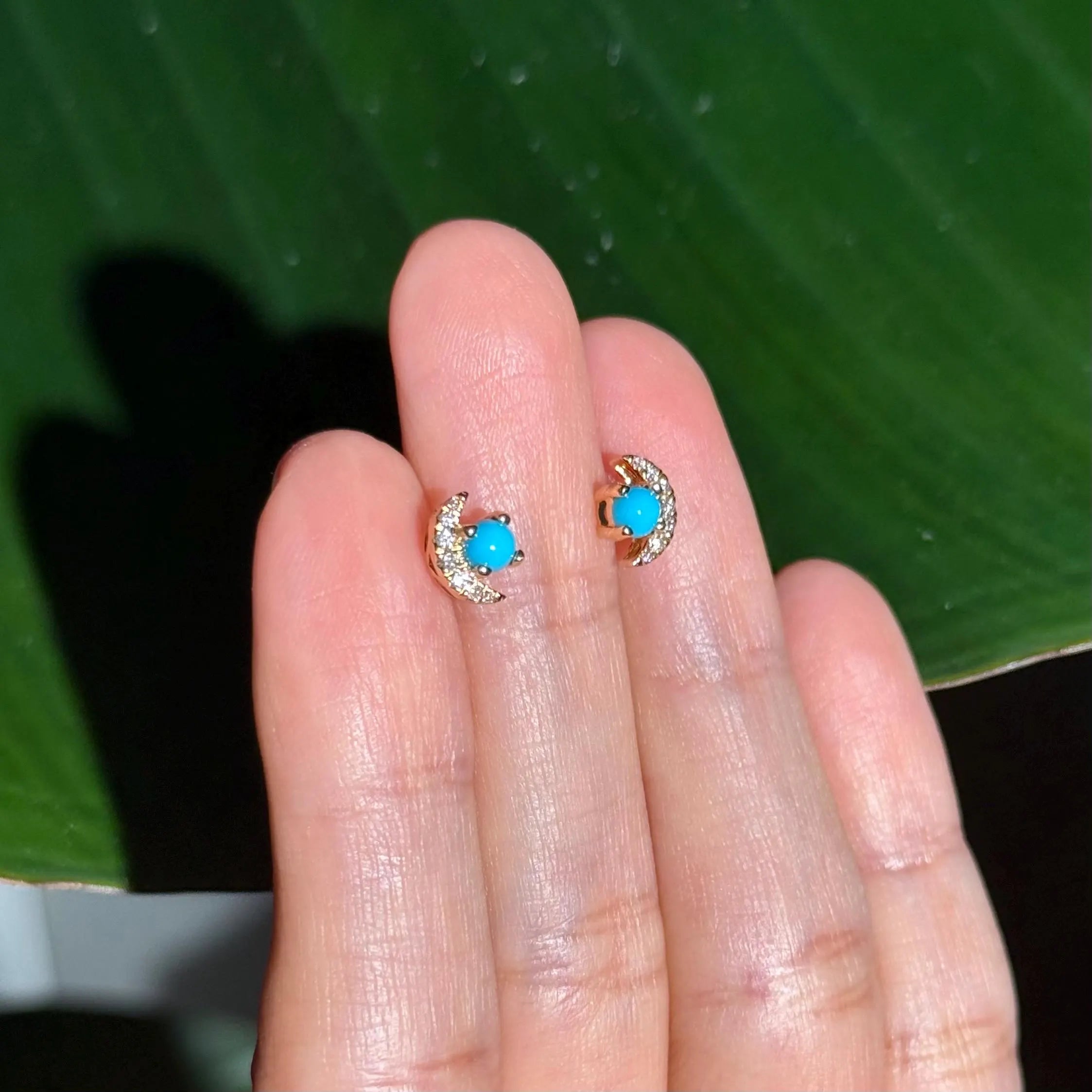 Moon Diamond Turquoise Stud Earrings in 18k Yellow Gold