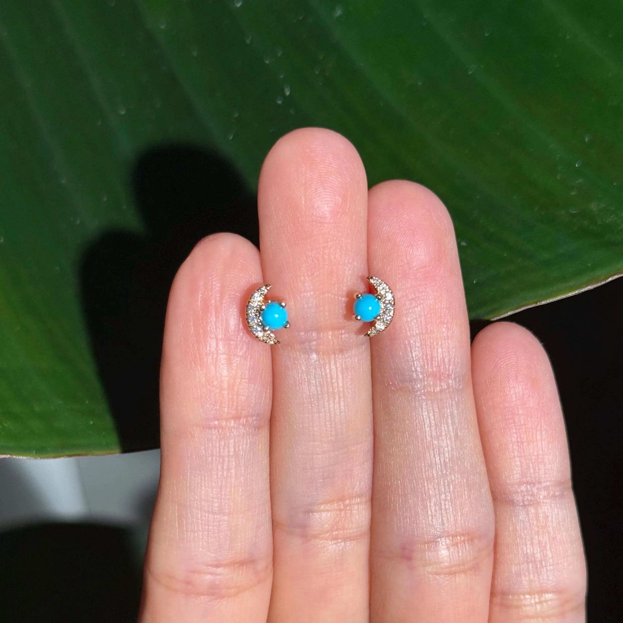 Moon Diamond Turquoise Stud Earrings in 18k Yellow Gold