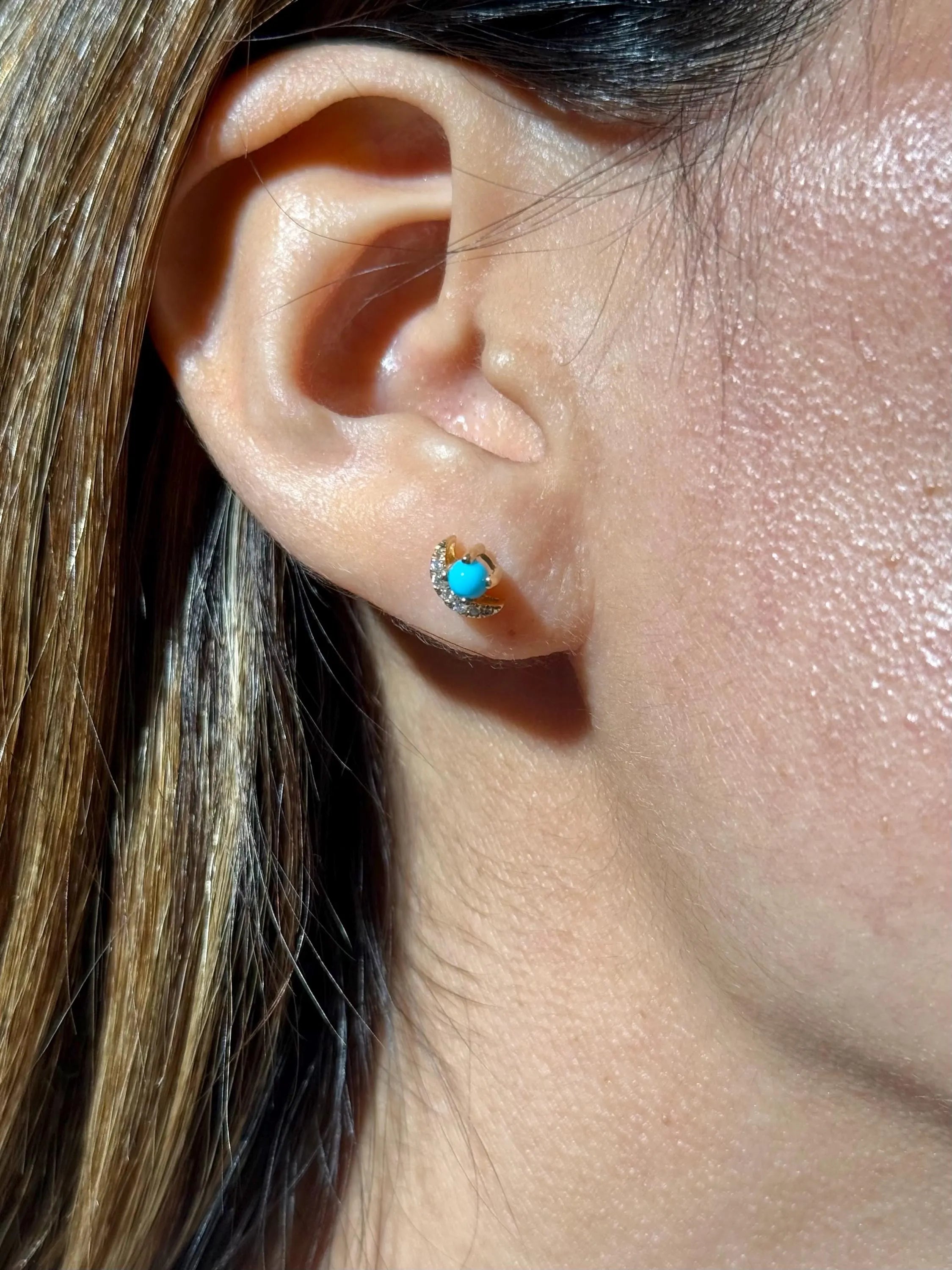 Moon Diamond Turquoise Stud Earrings in 18k Yellow Gold