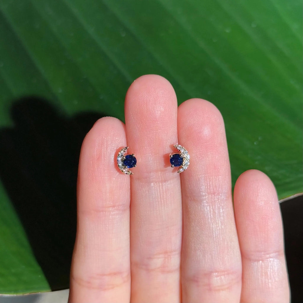 Moon Diamond Sapphire Stud Earrings in 14k Yellow Gold