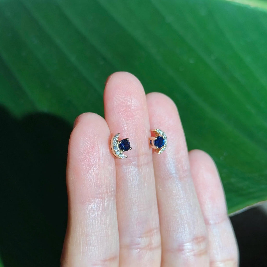 Moon Diamond Sapphire Stud Earrings in 14k Yellow Gold
