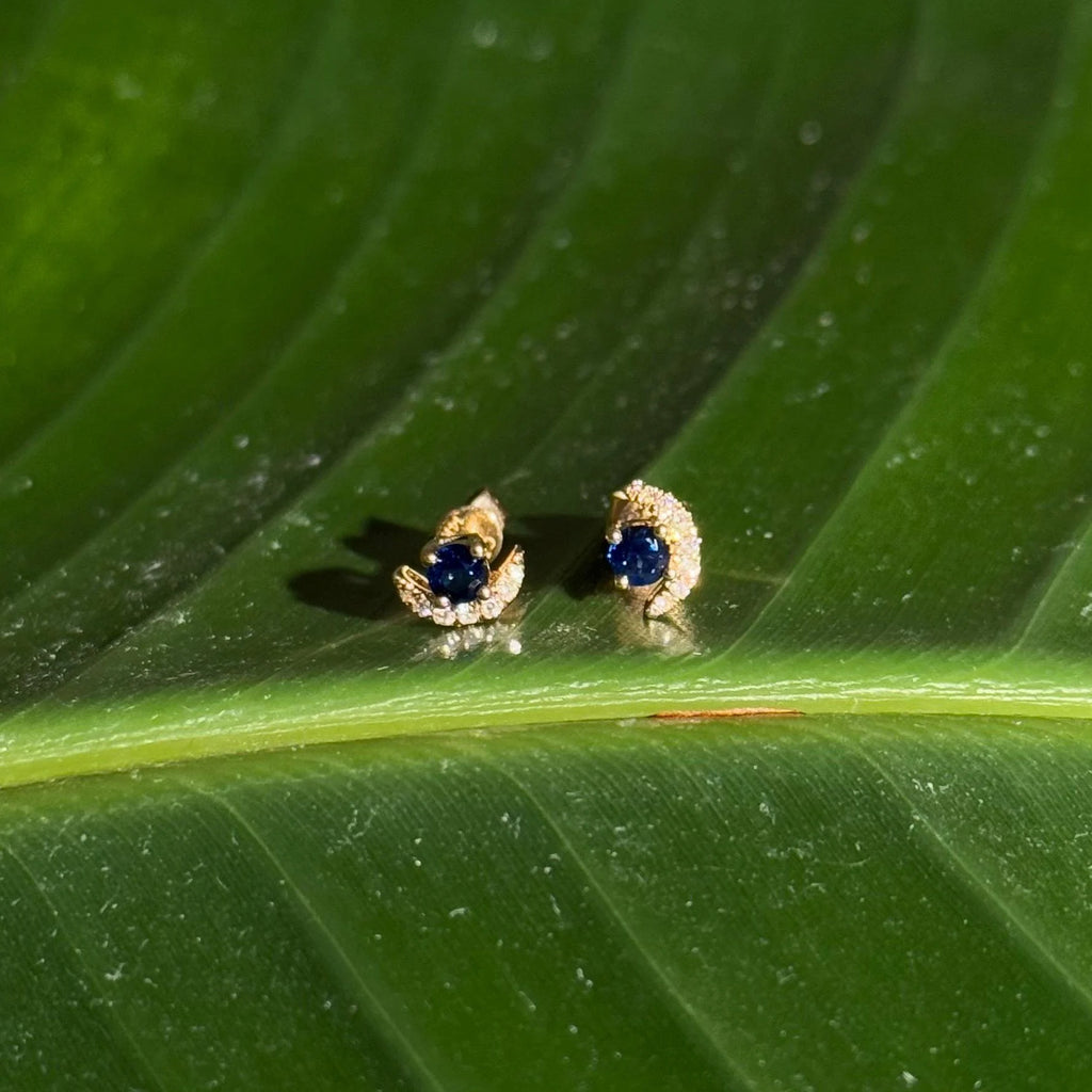 Moon Diamond Sapphire Stud Earrings in 14k Yellow Gold