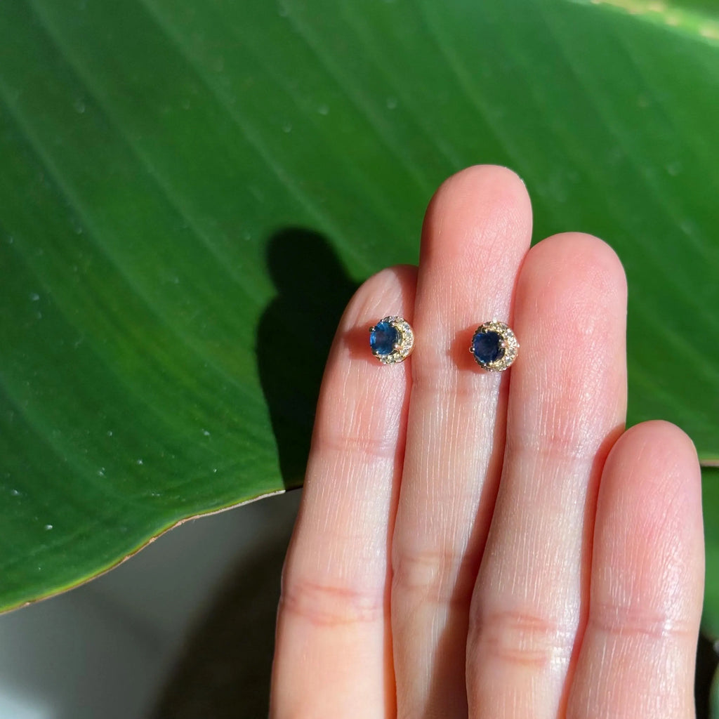 Sapphire Diamond Halo Stud Earrings in 14k Yellow Gold