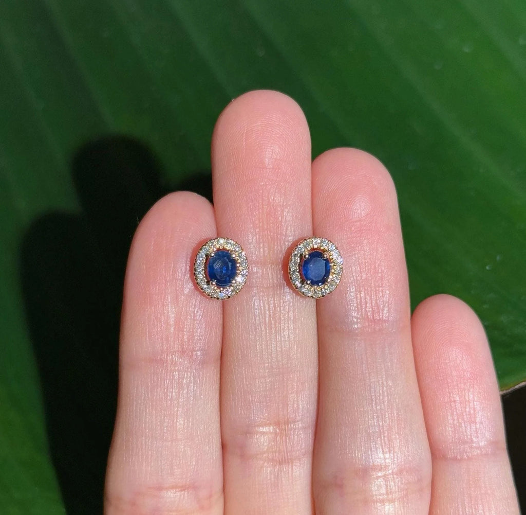 Sapphire Diamond Halo Stud Earrings in 14k Yellow Gold