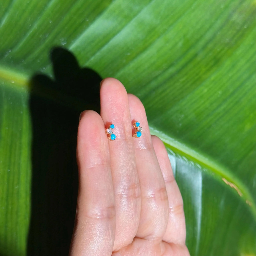 Turquoise Diamond Stud Crawler Earrings in 18k Yellow Gold