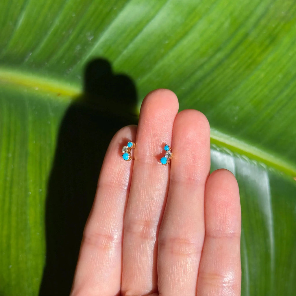 Turquoise Diamond Stud Crawler Earrings in 18k Yellow Gold