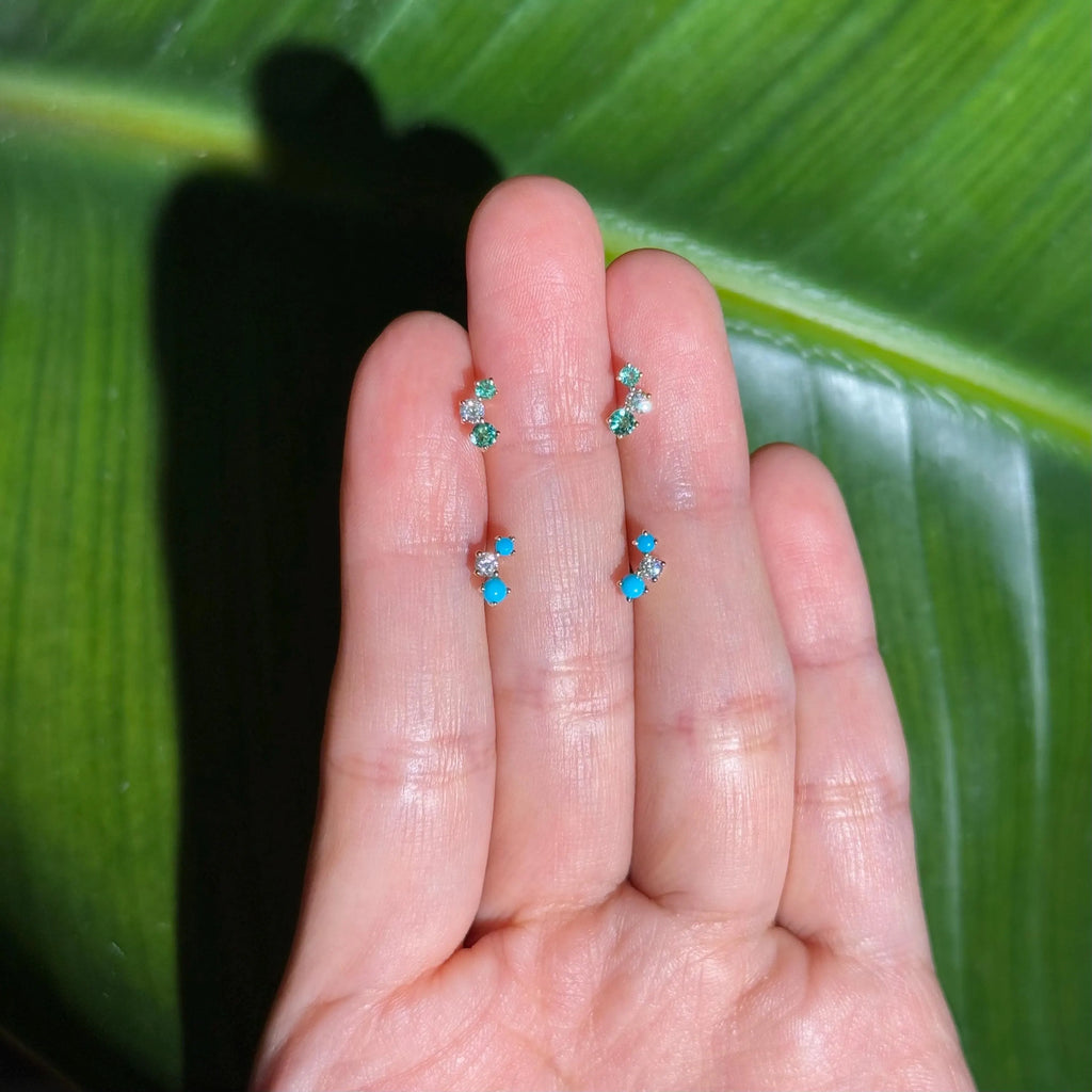 Turquoise Diamond Stud Crawler Earrings in 18k Yellow Gold