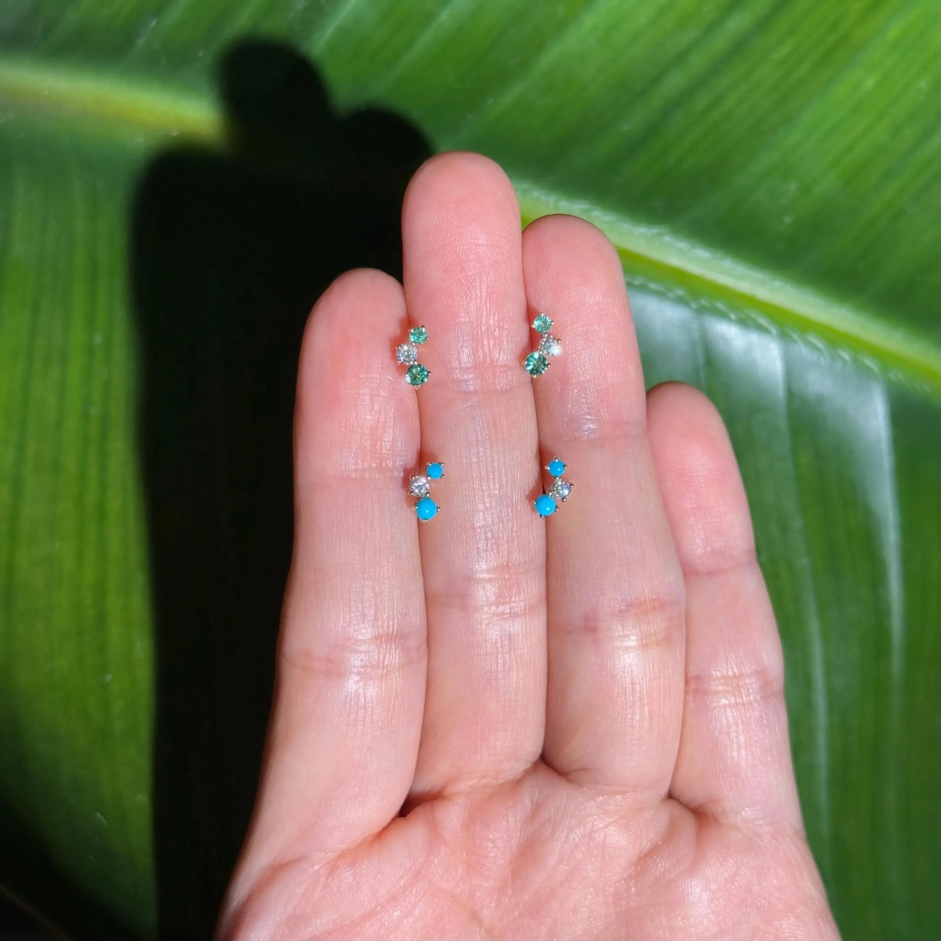 Turquoise Diamond Stud Crawler Earrings in 18k Yellow Gold