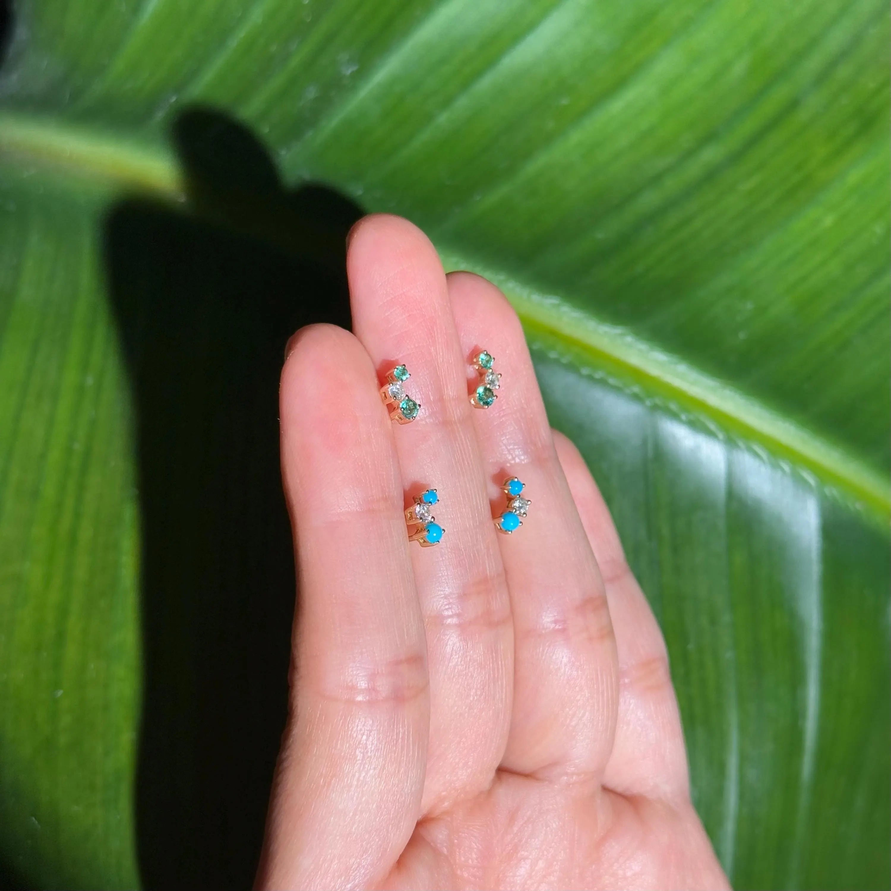 Turquoise Diamond Stud Crawler Earrings in 18k Yellow Gold