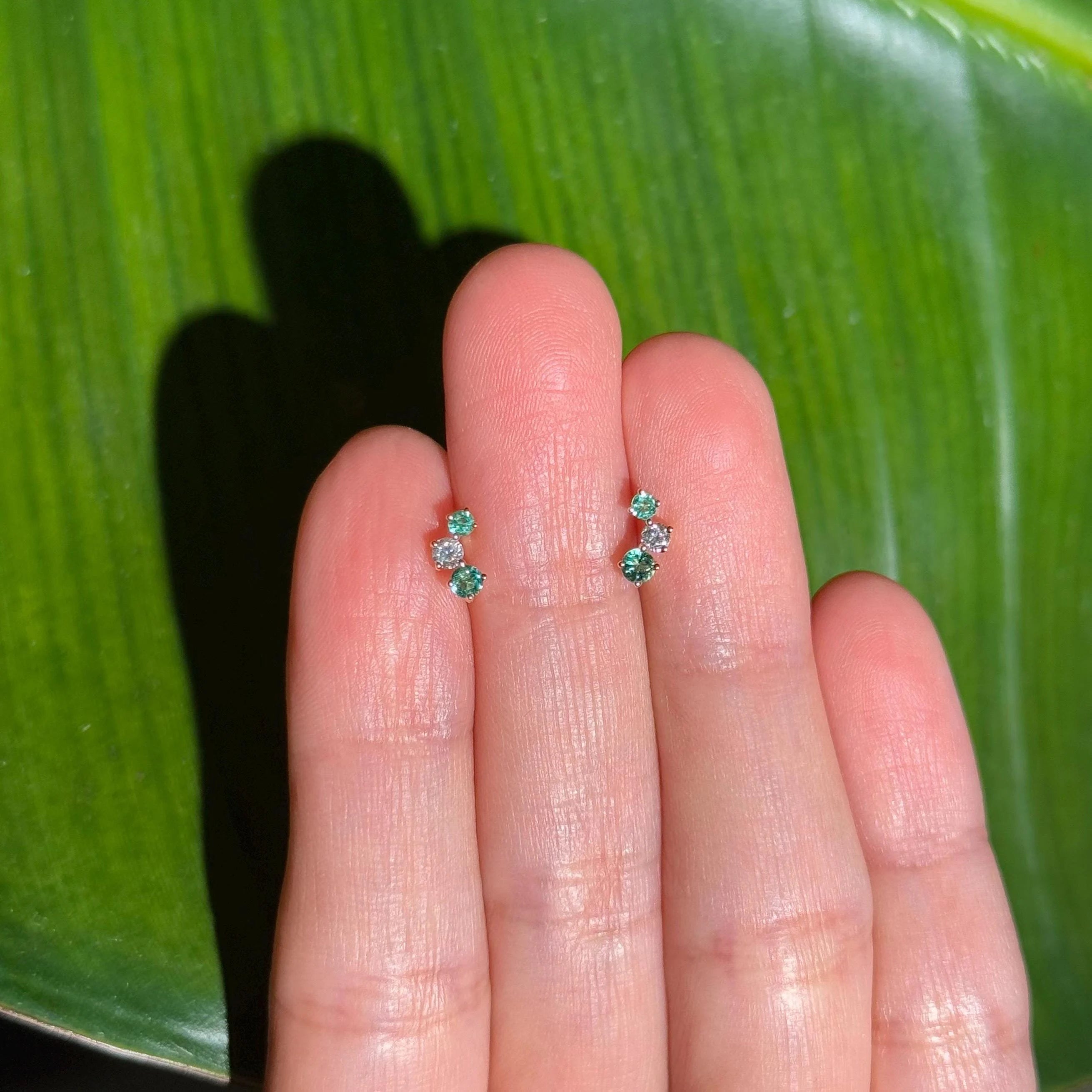 Emerald Diamond Stud Crawler Earrings in 14k Yellow Gold