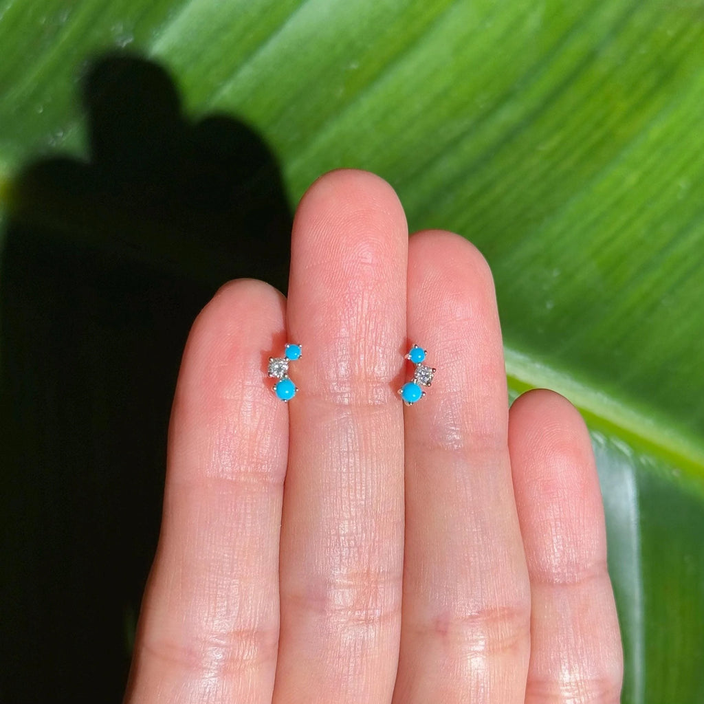 Turquoise Diamond Stud Crawler Earrings in 18k Yellow Gold