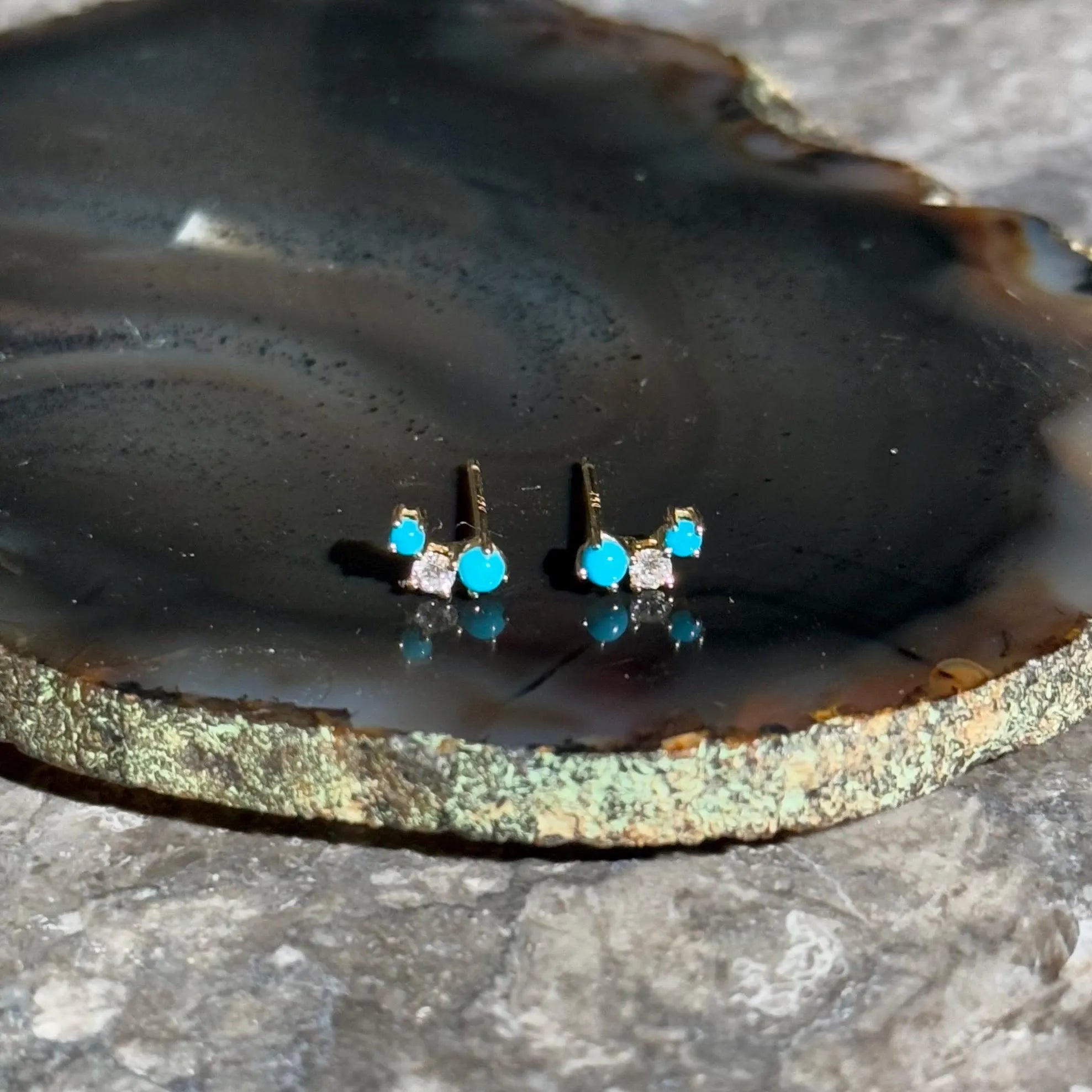 Turquoise Diamond Stud Crawler Earrings in 18k Yellow Gold