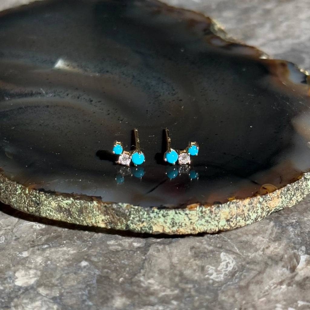 Turquoise Diamond Stud Crawler Earrings in 18k Yellow Gold