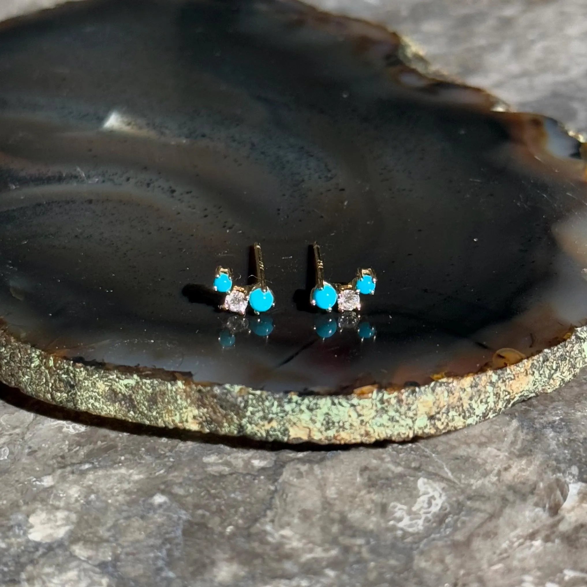 Turquoise Diamond Stud Crawler Earrings in 18k Yellow Gold