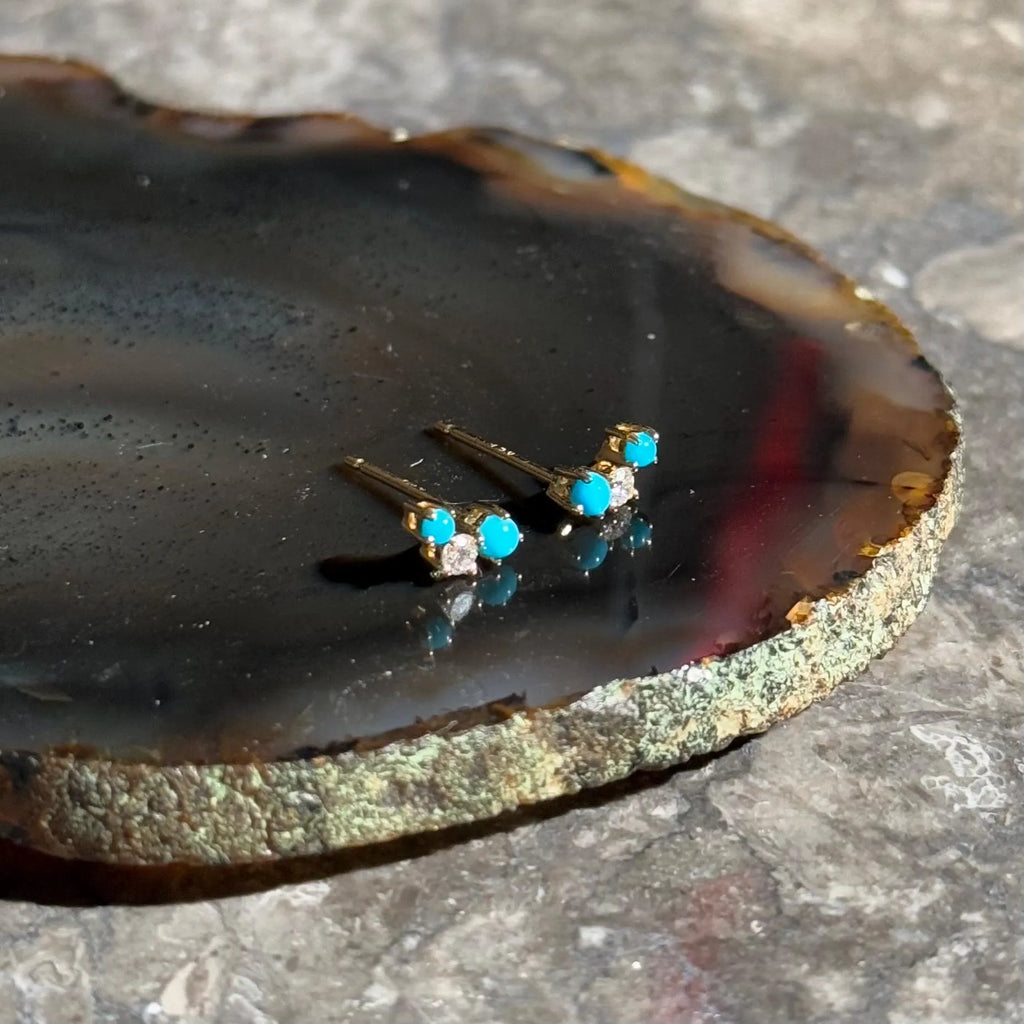Turquoise Diamond Stud Crawler Earrings in 18k Yellow Gold