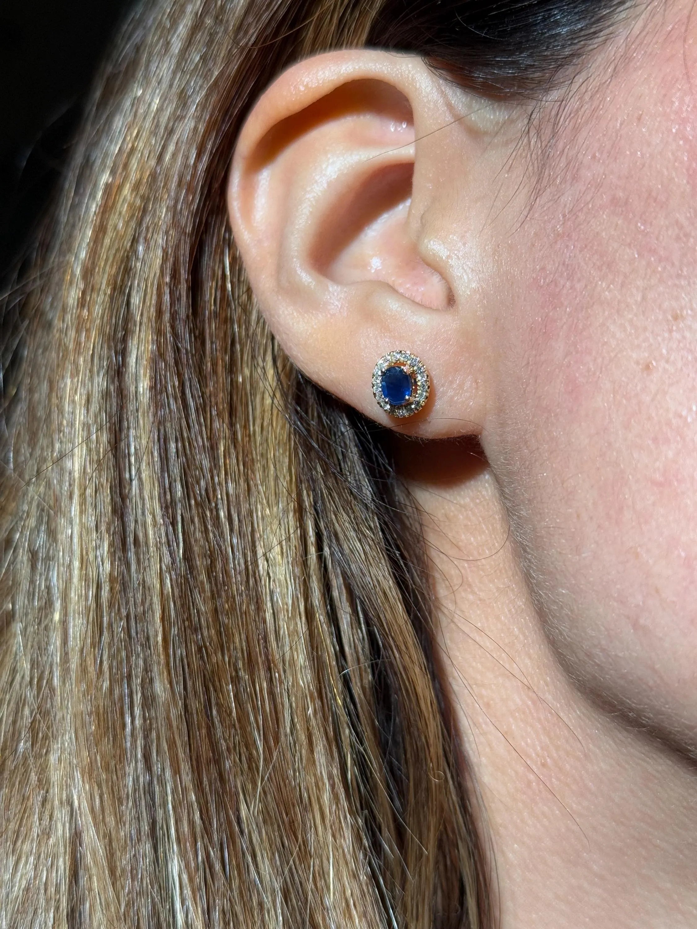 Sapphire Diamond Halo Stud Earrings in 14k Yellow Gold