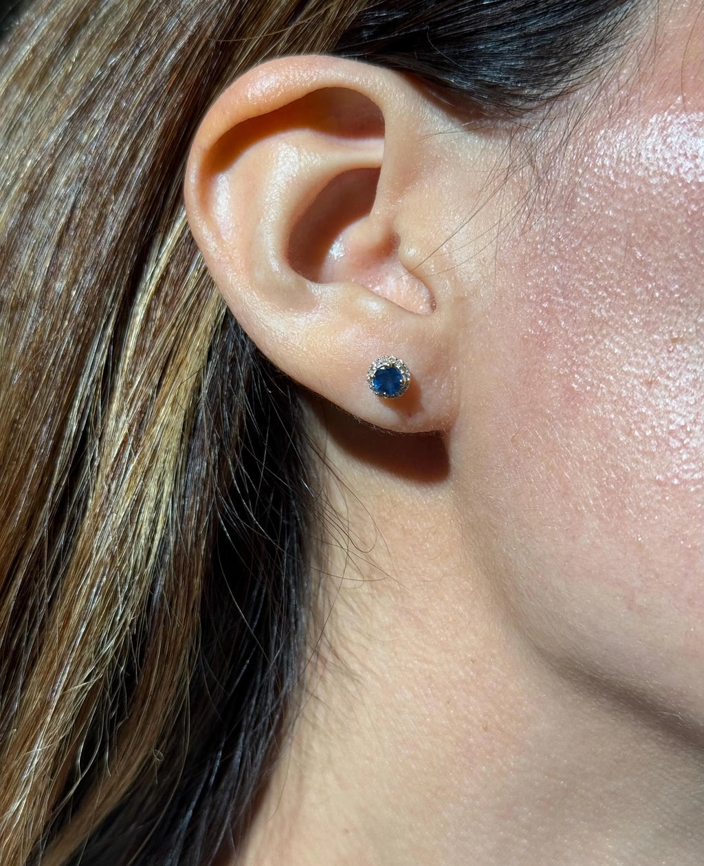 Sapphire Diamond Halo Stud Earrings in 14k Yellow Gold