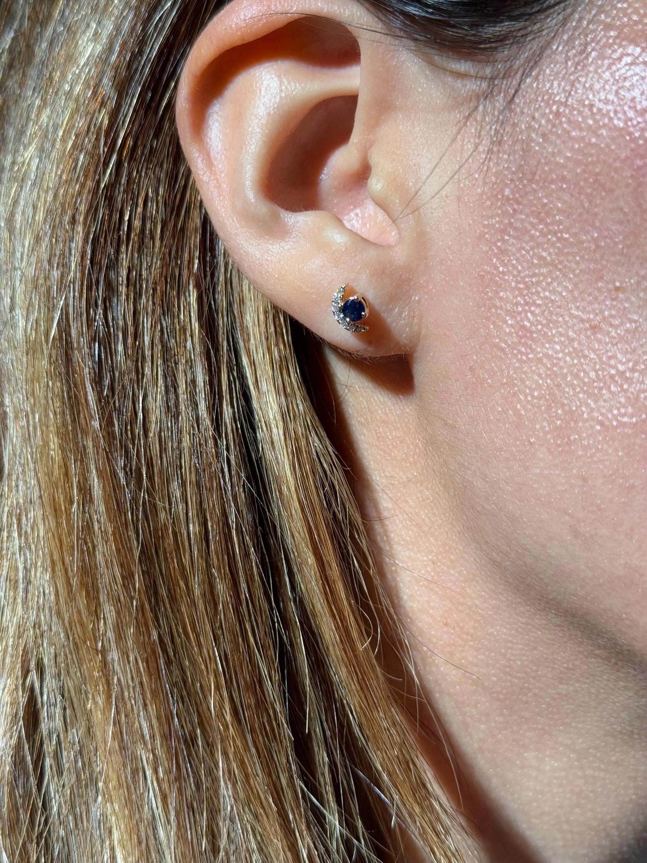 Moon Diamond Sapphire Stud Earrings in 14k Yellow Gold