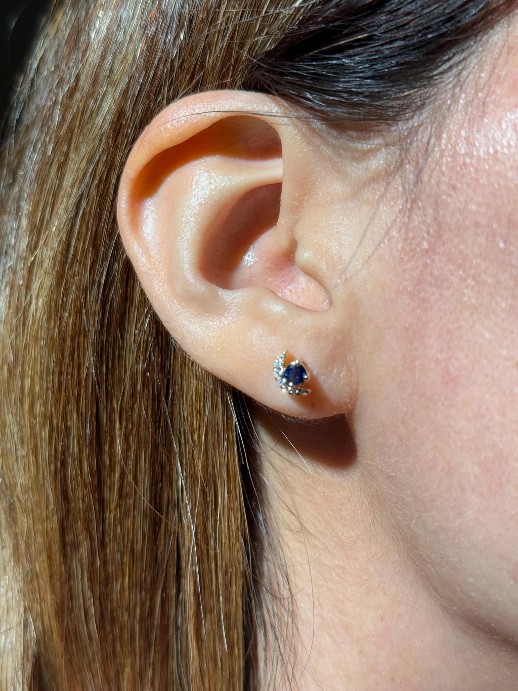 Moon Diamond Sapphire Stud Earrings in 14k Yellow Gold