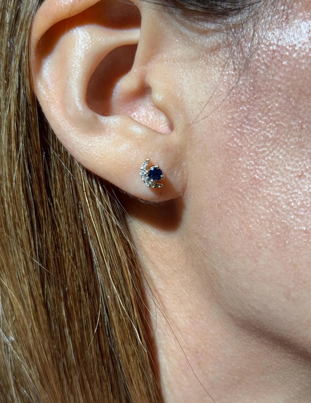 Moon Diamond Sapphire Stud Earrings in 14k Yellow Gold