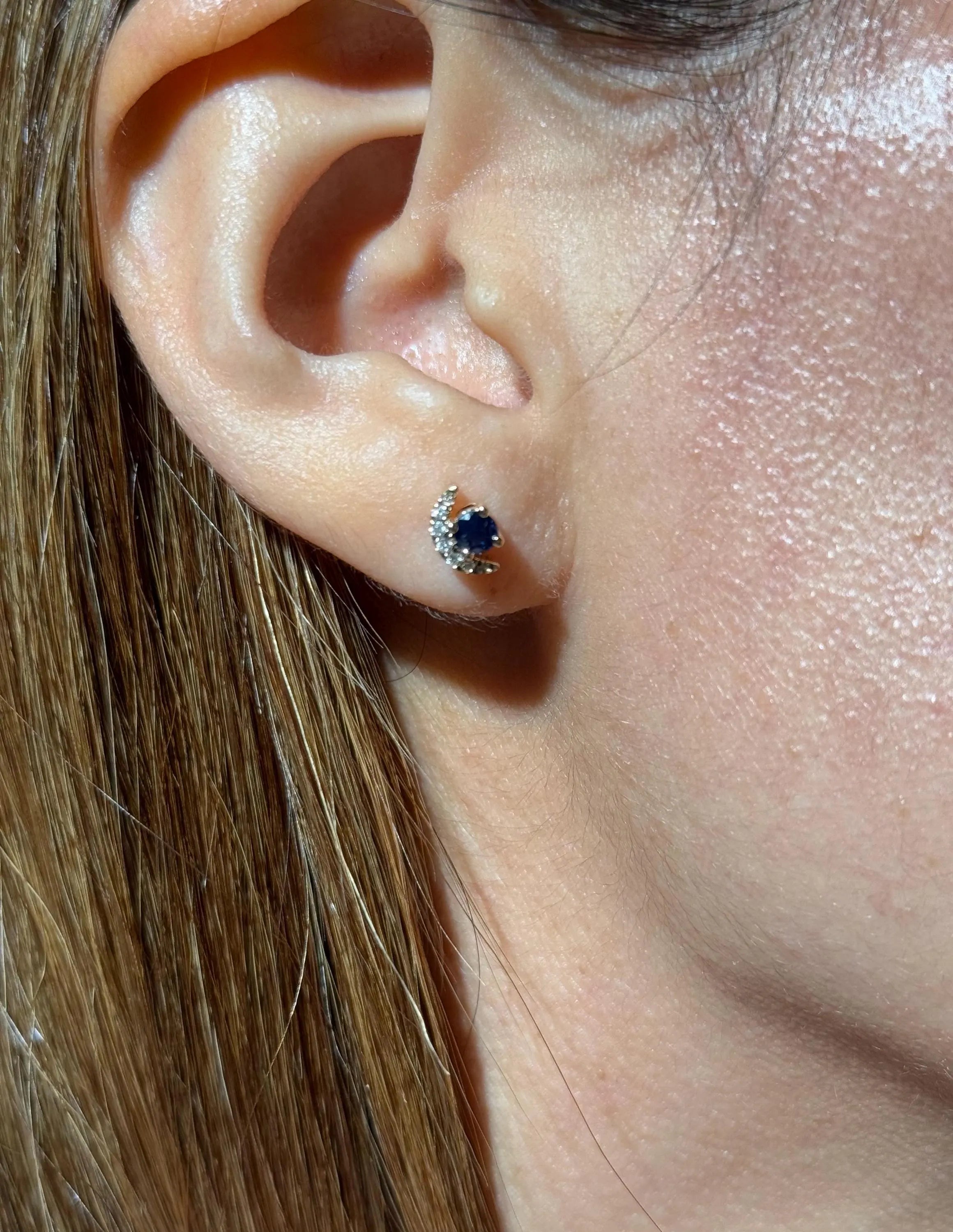 Moon Diamond Sapphire Stud Earrings in 14k Yellow Gold