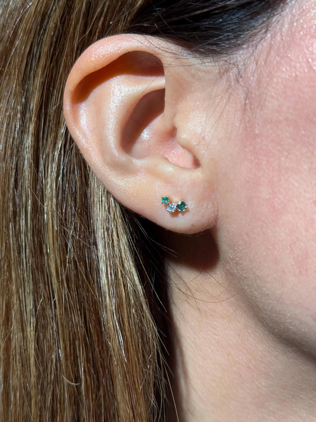 Emerald Diamond Stud Crawler Earrings in 14k Yellow Gold