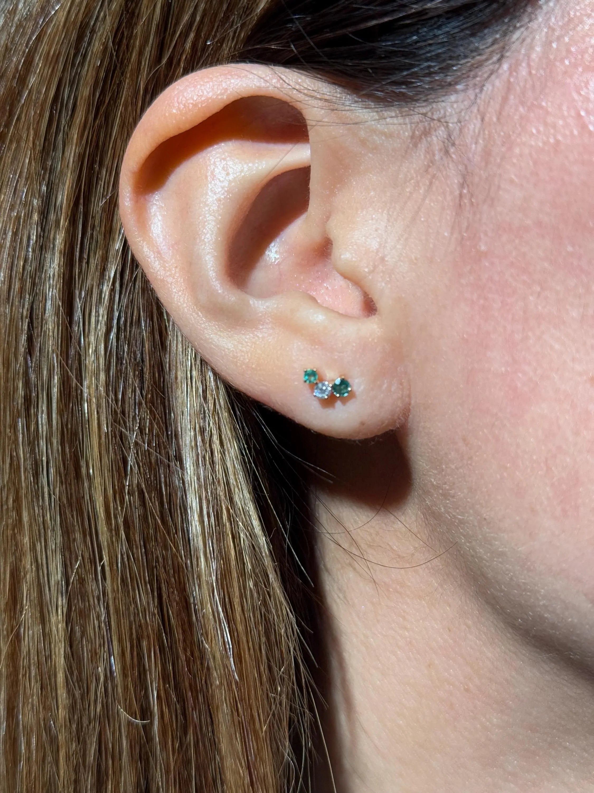 Emerald Diamond Stud Crawler Earrings in 14k Yellow Gold