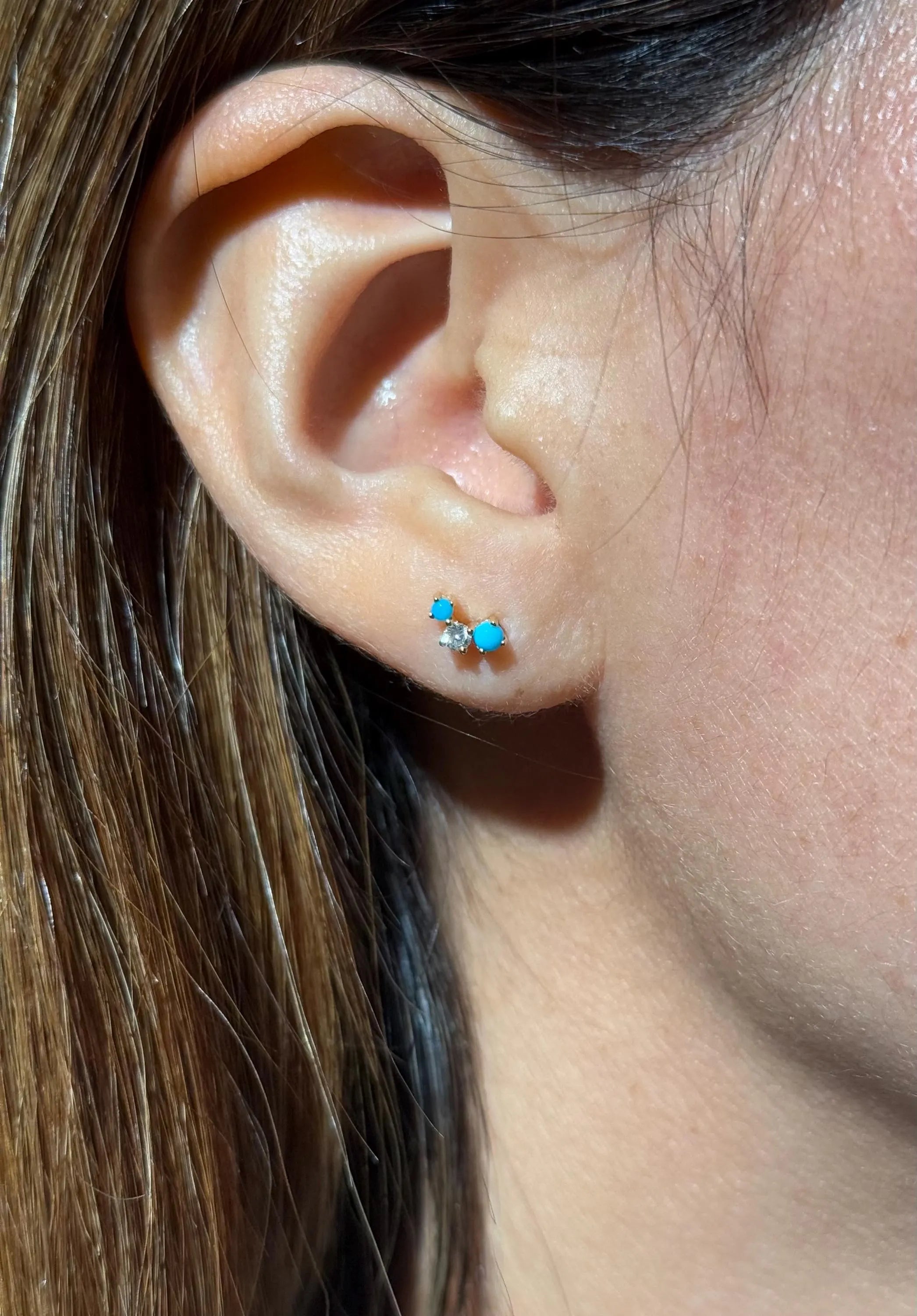 Turquoise Diamond Stud Crawler Earrings in 18k Yellow Gold