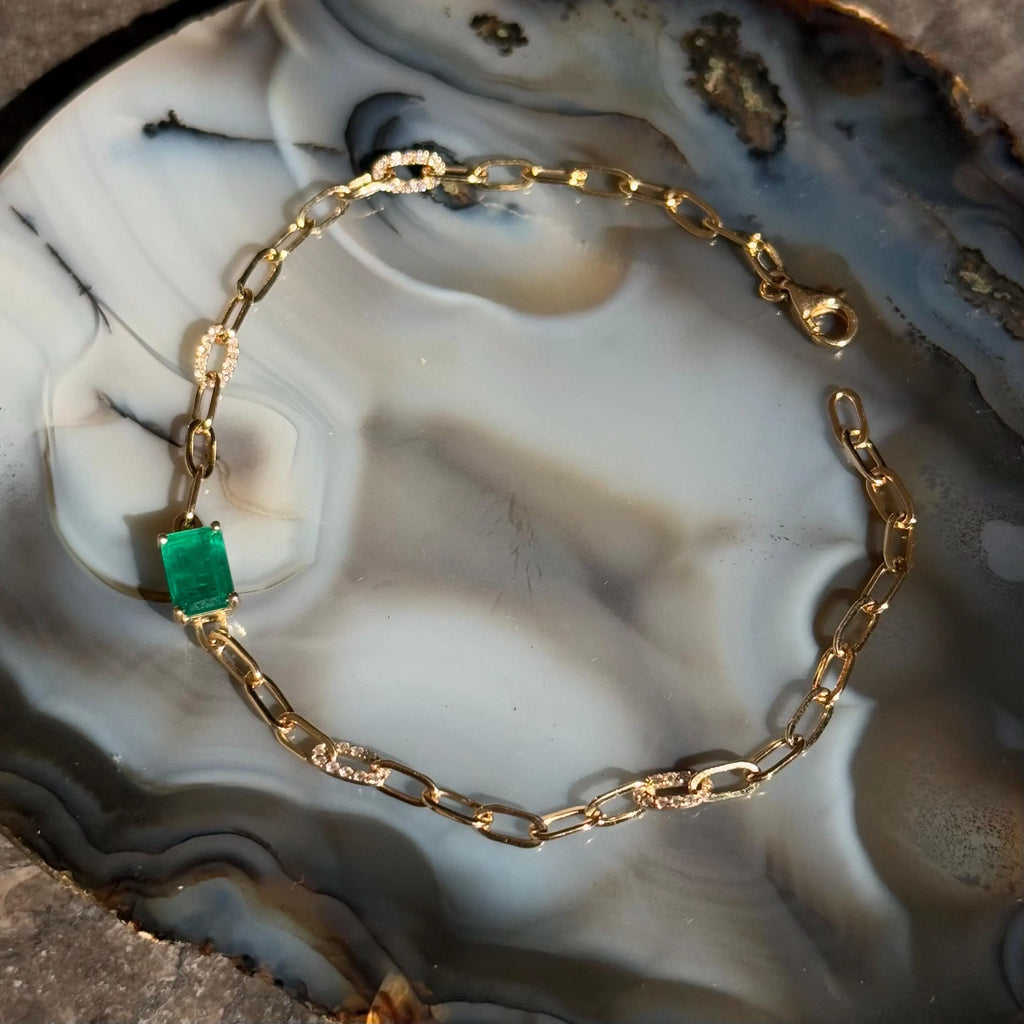 Emerald Diamond Chain Bracelet in 14k Yellow Gold