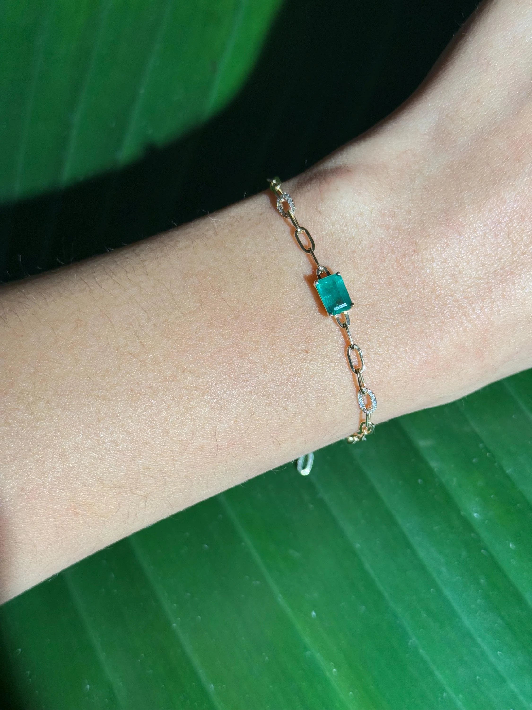 Emerald Diamond Chain Bracelet in 14k Yellow Gold