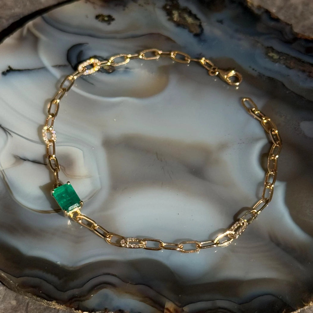 Emerald Diamond Chain Bracelet in 14k Yellow Gold