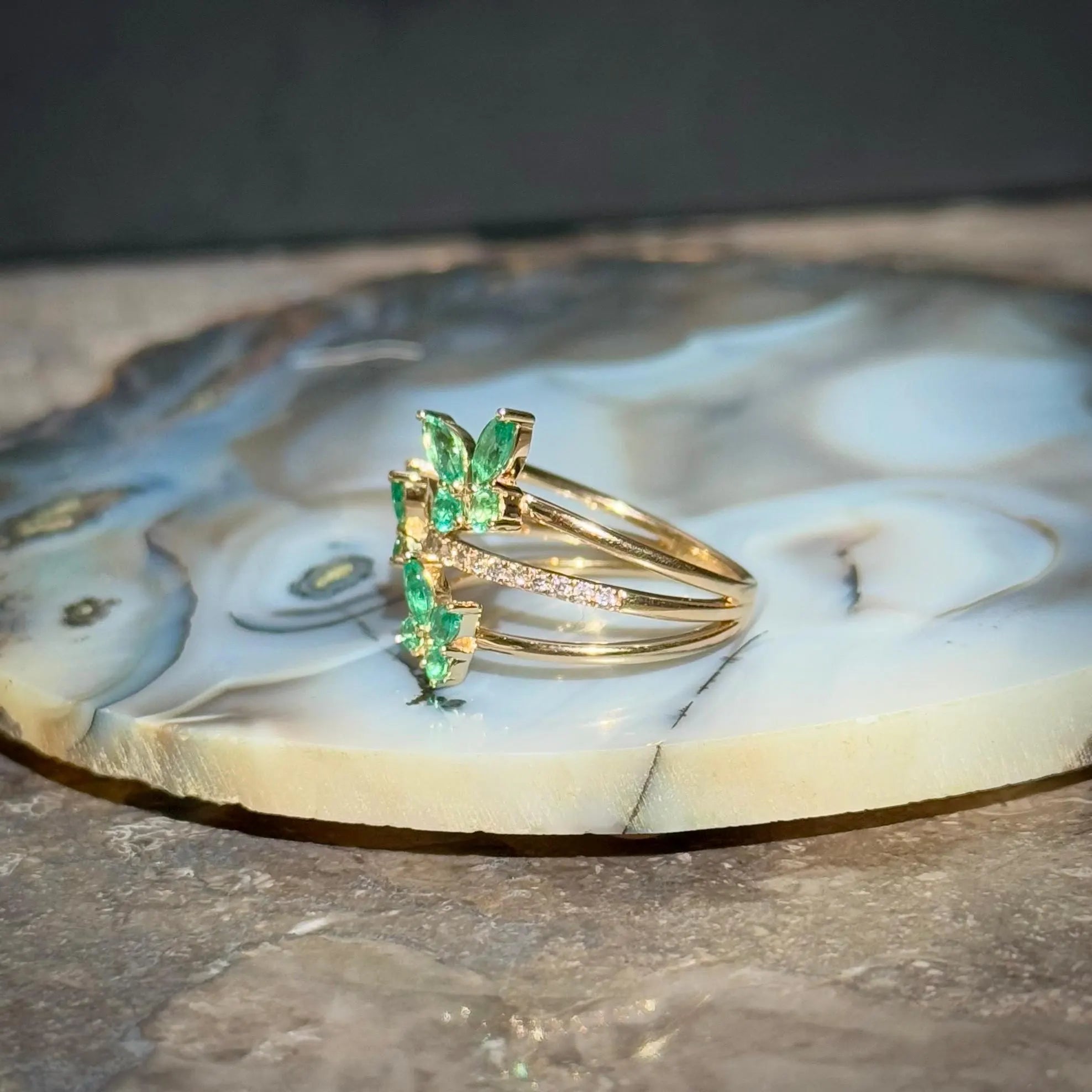 Floral Emerlad Diamond Ring in 14k Yellow Gold