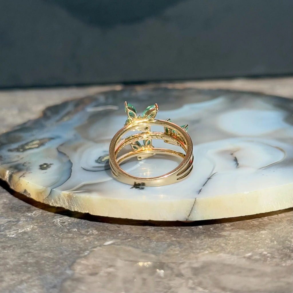 Floral Emerlad Diamond Ring in 14k Yellow Gold