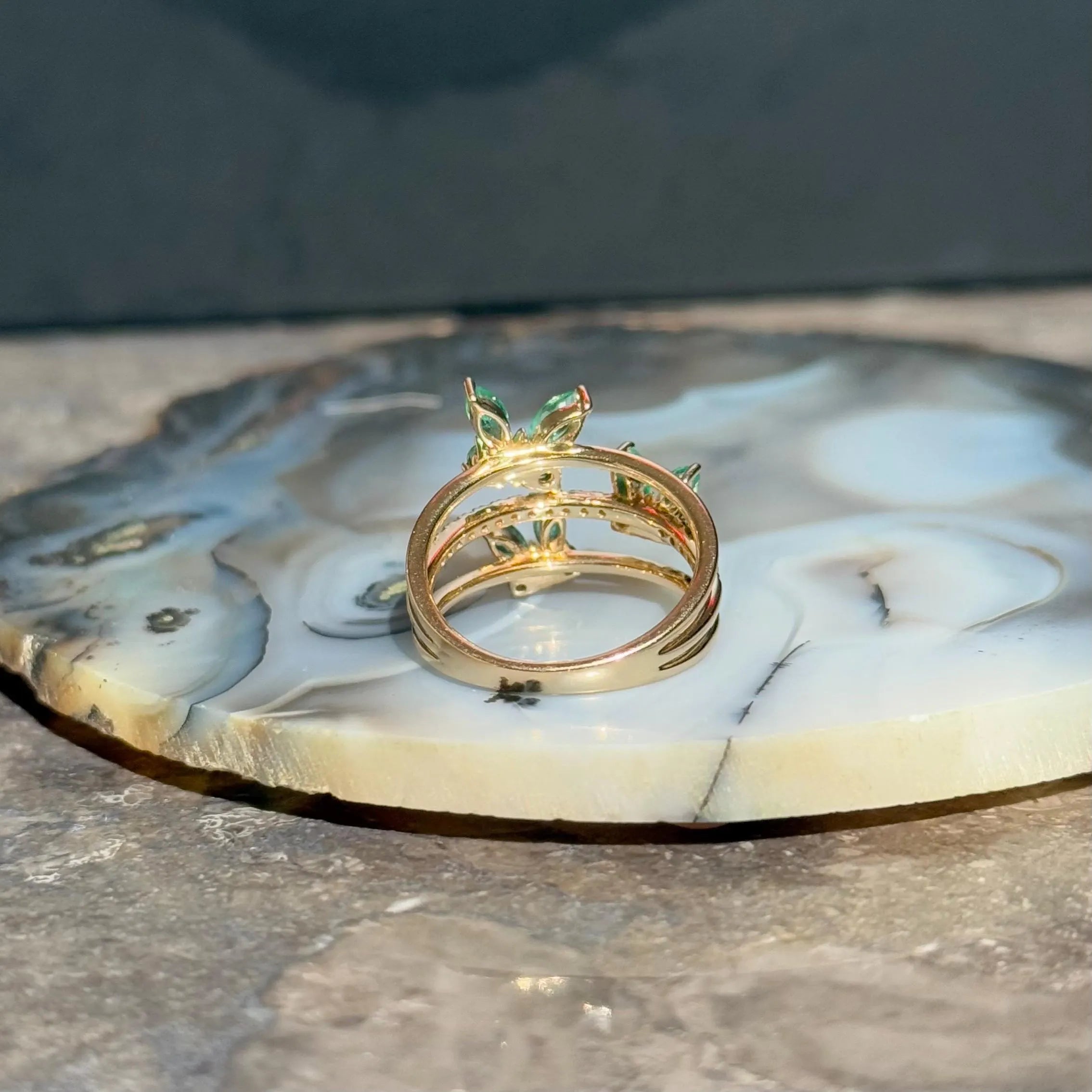 Floral Emerlad Diamond Ring in 14k Yellow Gold