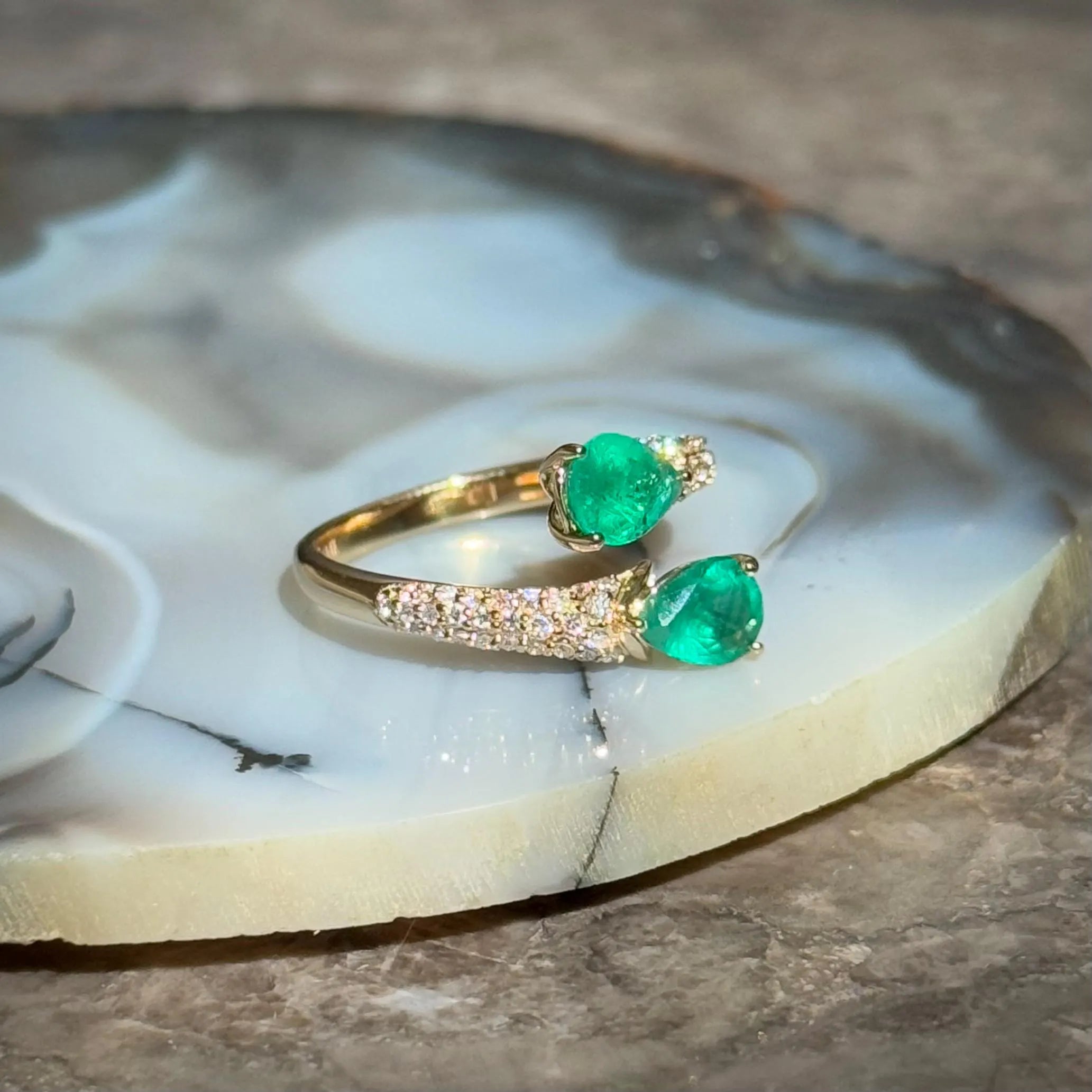 Toi et Moi Emerlad Diamond Ring in 14k Yellow Gold Size 7